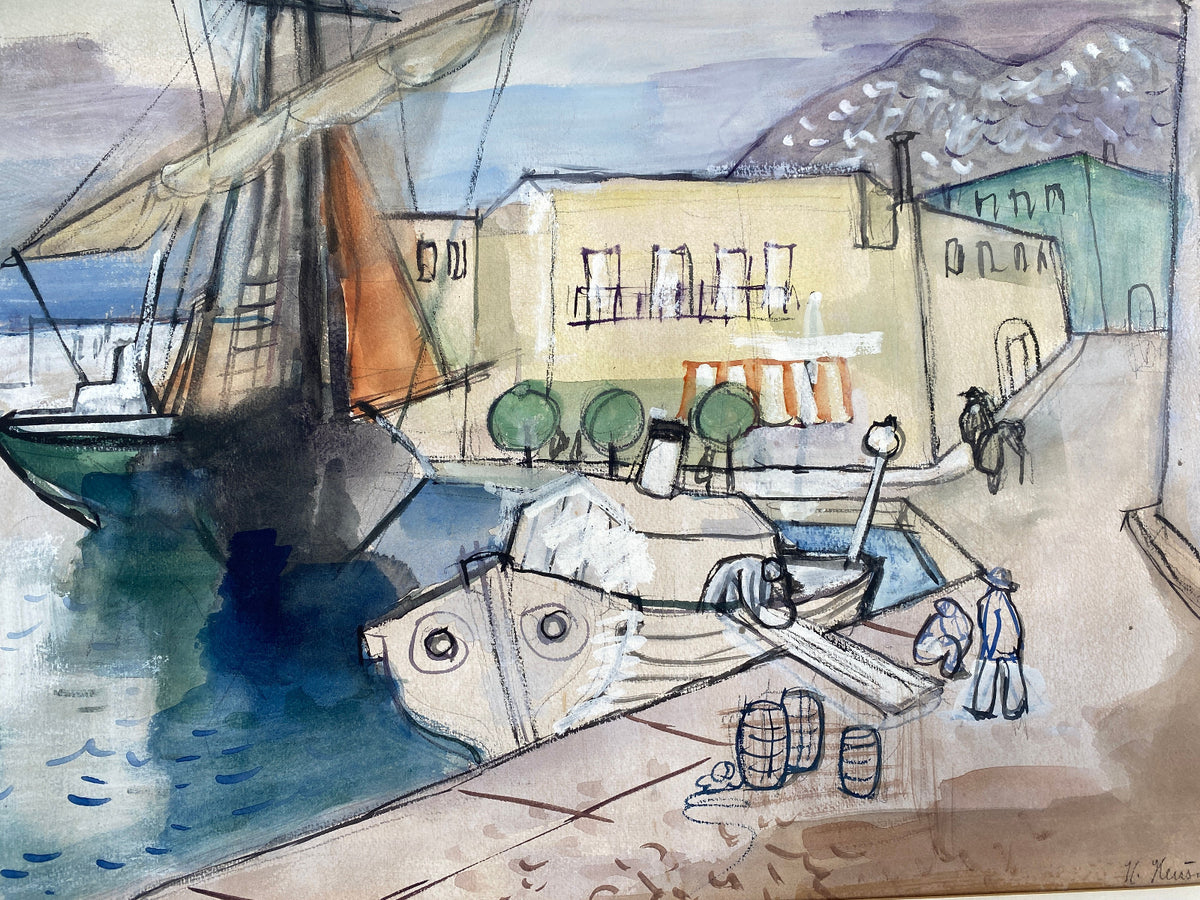 * STUDIE ENTWURF AQUARELL HEINRICH HEUSER 1887-1967 HAFEN VON ISCHIAS CAPRI ITA