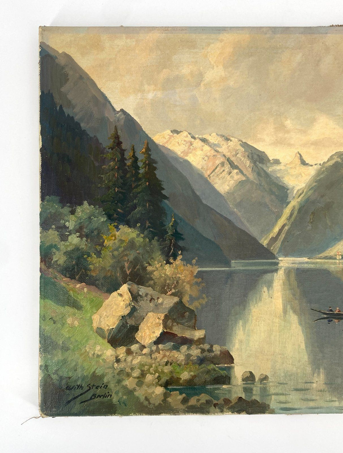 *ÖLGEMÄLDE WILHELM STEIN BERLIN BERGLANDSCHAFT BERGSEE BOOT SIGNI