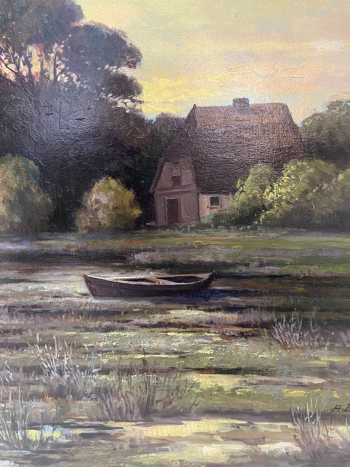 * ALBERT BLAETTER ABENDSTIMMUNG ÖLGEMÄLDE 30er FLUSS MOOR BOOT