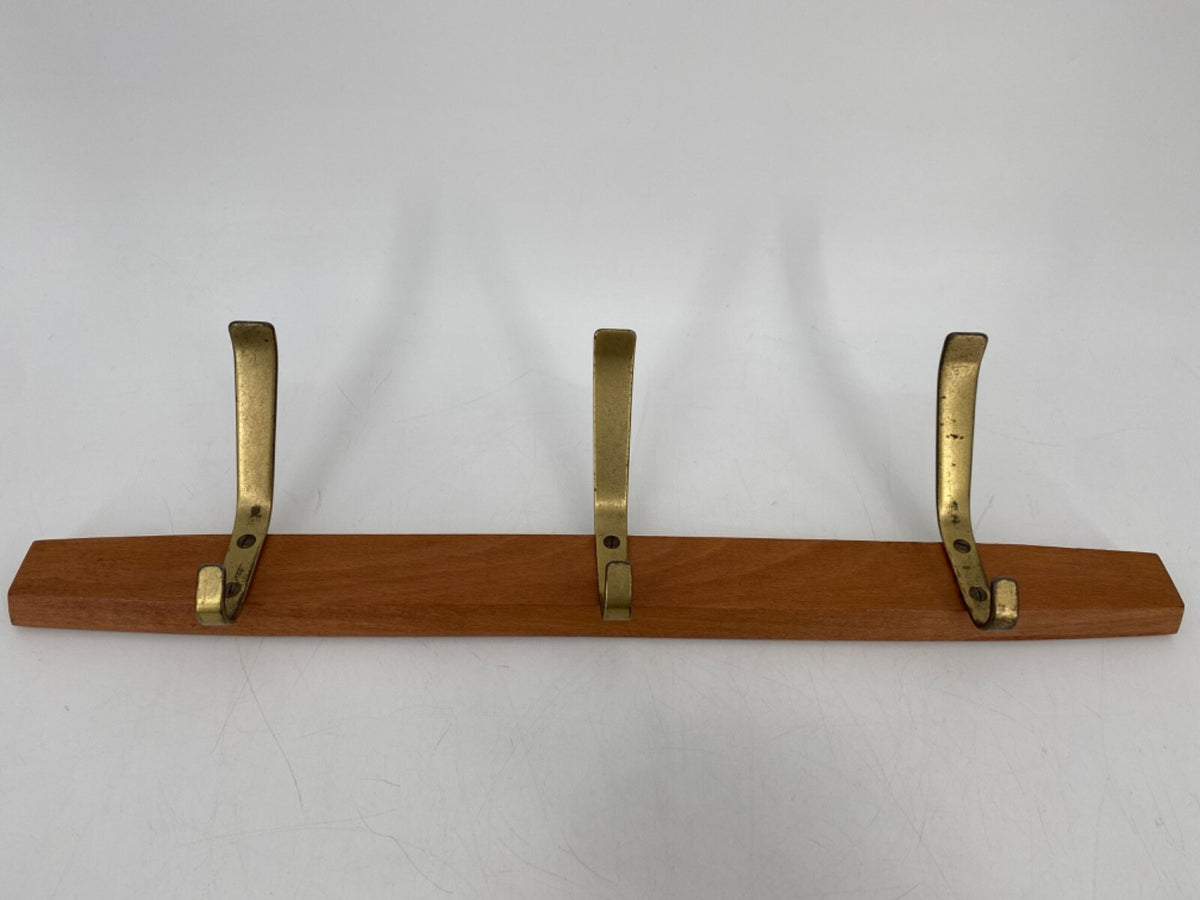 * HAKENLEISTE GARDEROBE 3 HAKEN HOLZ BUCHE MESSING VINTAGE