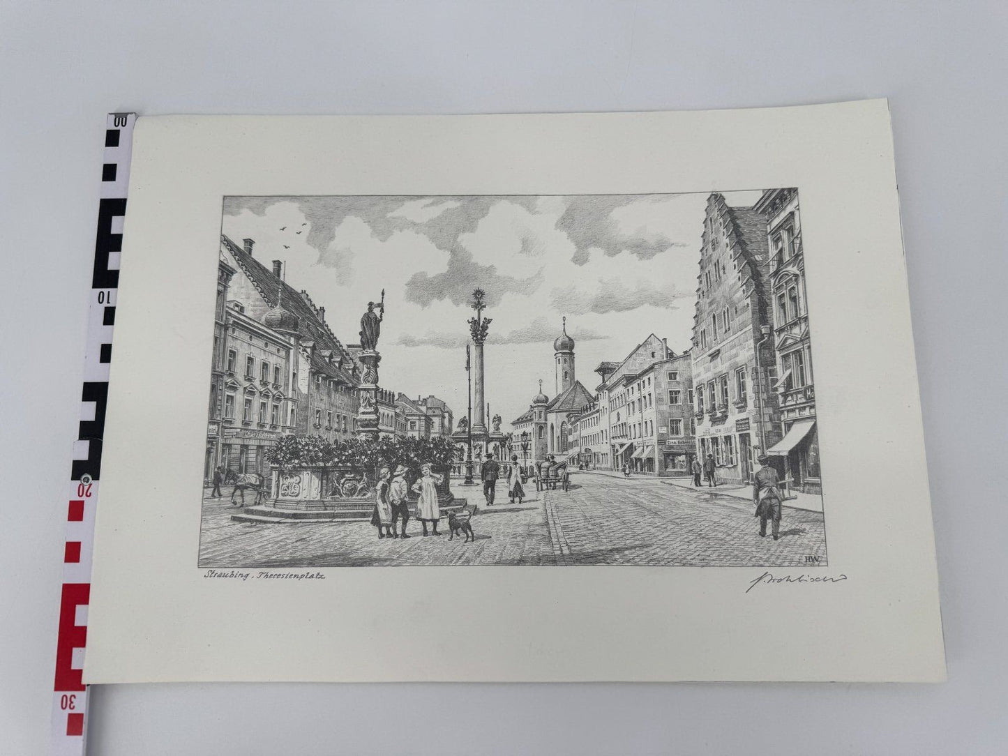 * HEINZ WEHLISCH ZEICHNUNG THERESIENPLATZ STRAUBING ANSICHT SIGNIERT