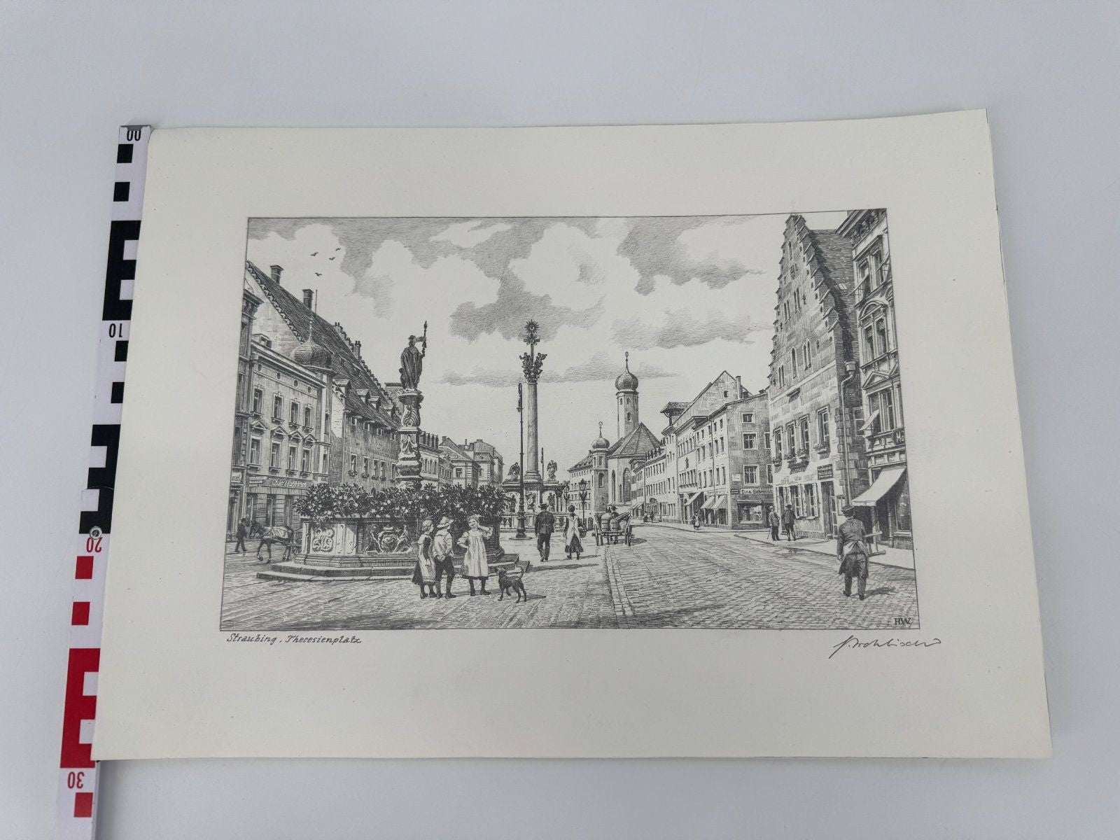 * HEINZ WEHLISCH ZEICHNUNG THERESIENPLATZ STRAUBING ANSICHT SIGNIERT