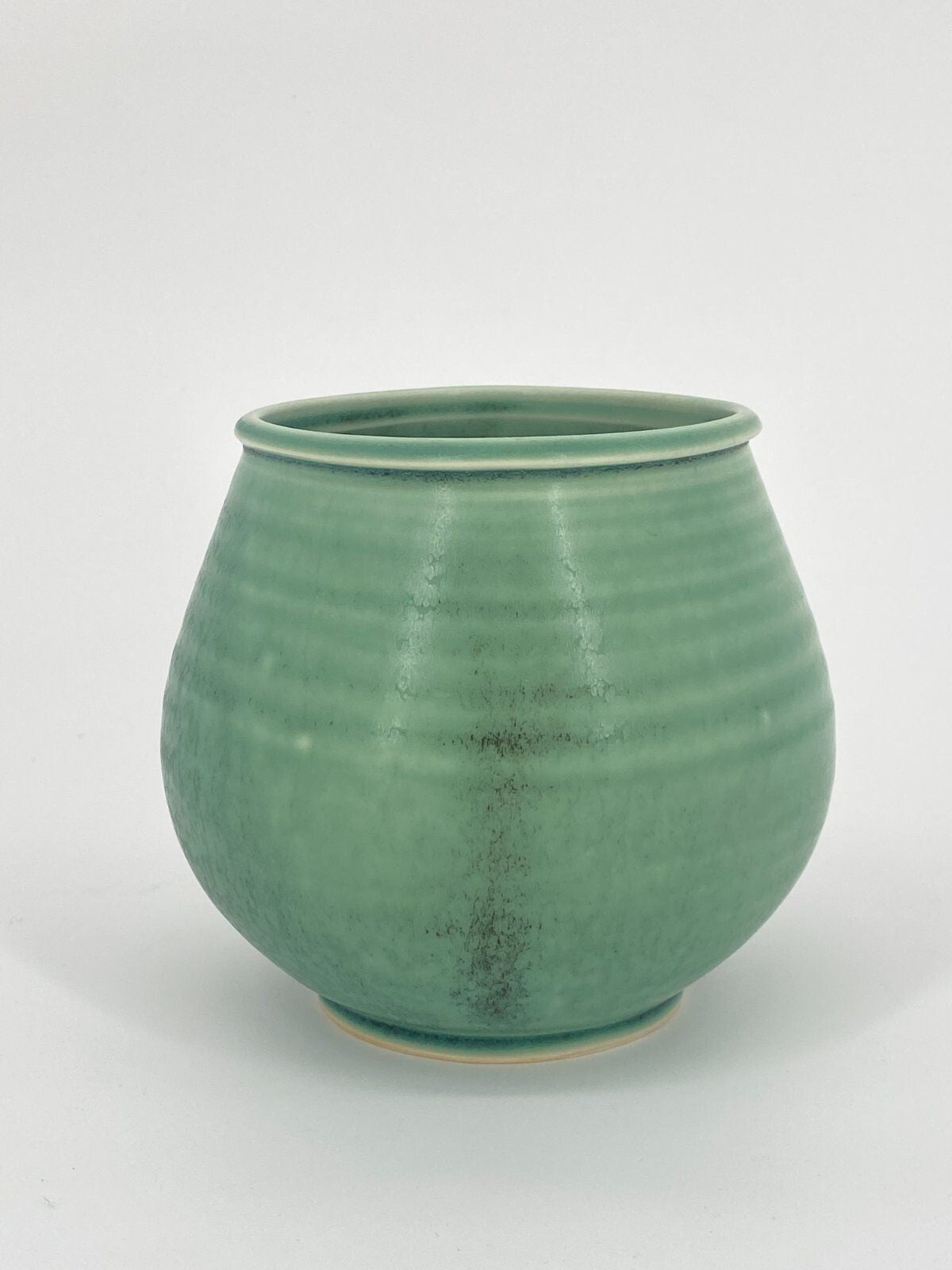 * STUDIOKERAMIK VASE RUND OVAL JADE GRÜN MARMORIERT RINGE VINTAGE