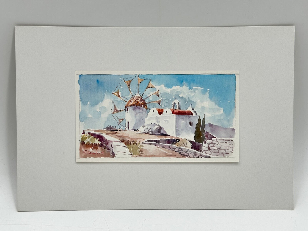 * AQUARELL GRIECHENLAND INSELN SANTORINI KAPATHOS WINDMÜHLE KAPELLE SOMMER