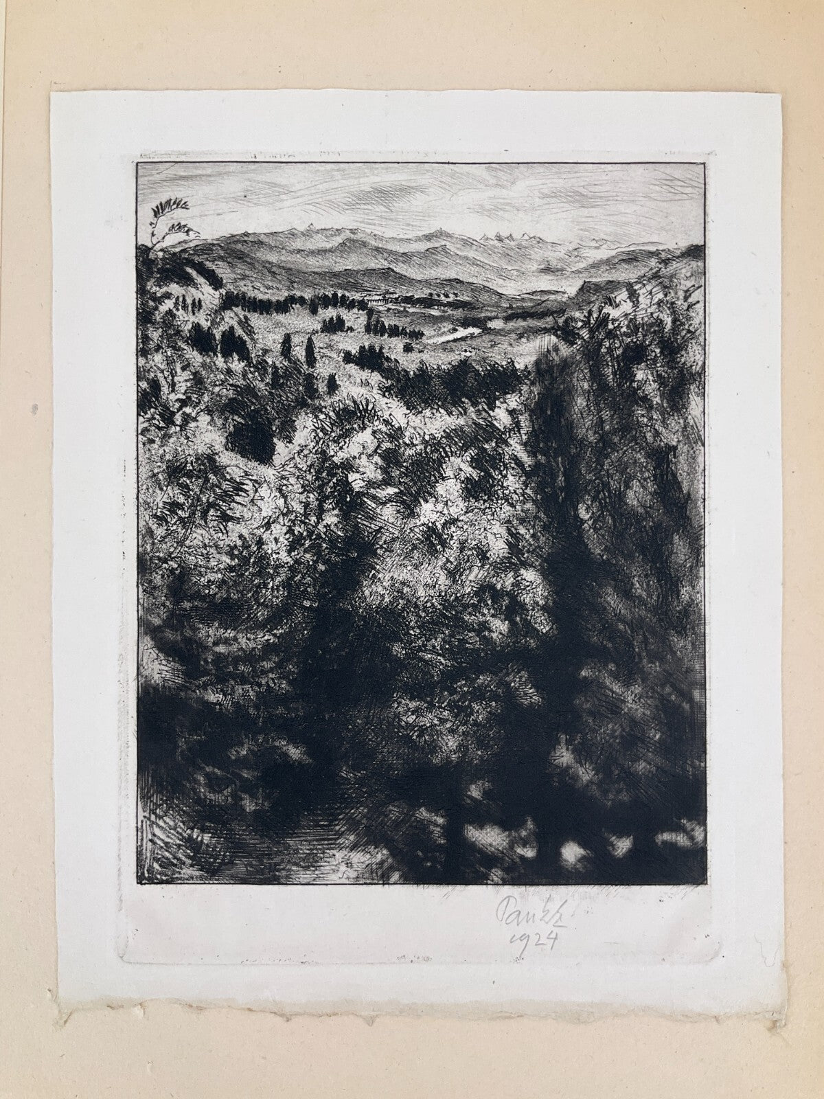 *RADIERUNG BERNHARD PANKOK HÜGELIGE LANDSCHAFT BLICK AUF BAIERBRUNN 1924 SIGNIER