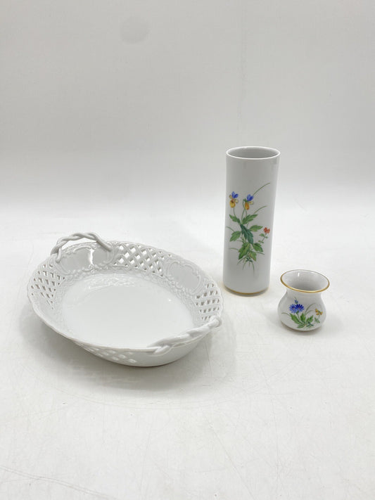 * 3 TEILE MEISSEN KONVOLUT KORB VASE STREUBLUME PORZELLAN WEIß 2. WAHL 4. WAHL