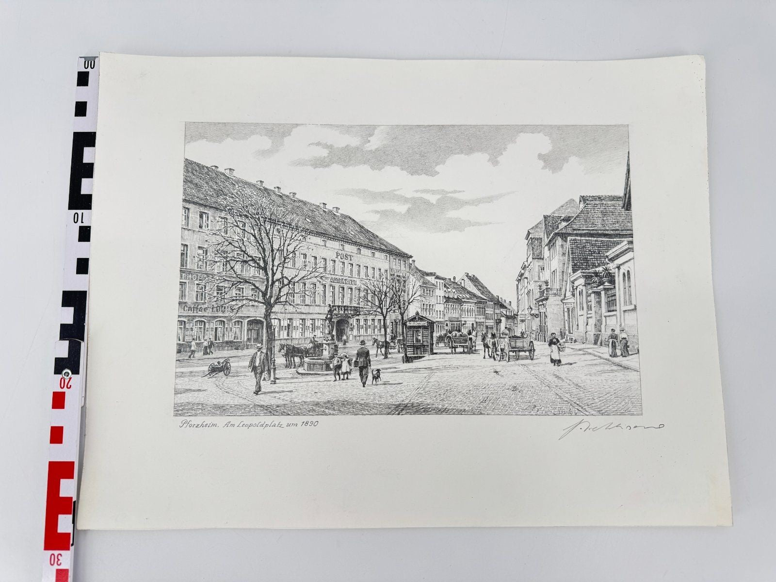 * HEINZ WEHLISCH ZEICHNUNG PFORZHEIM AM LEOPOLDPLATZ UM 1890 ANSICHT