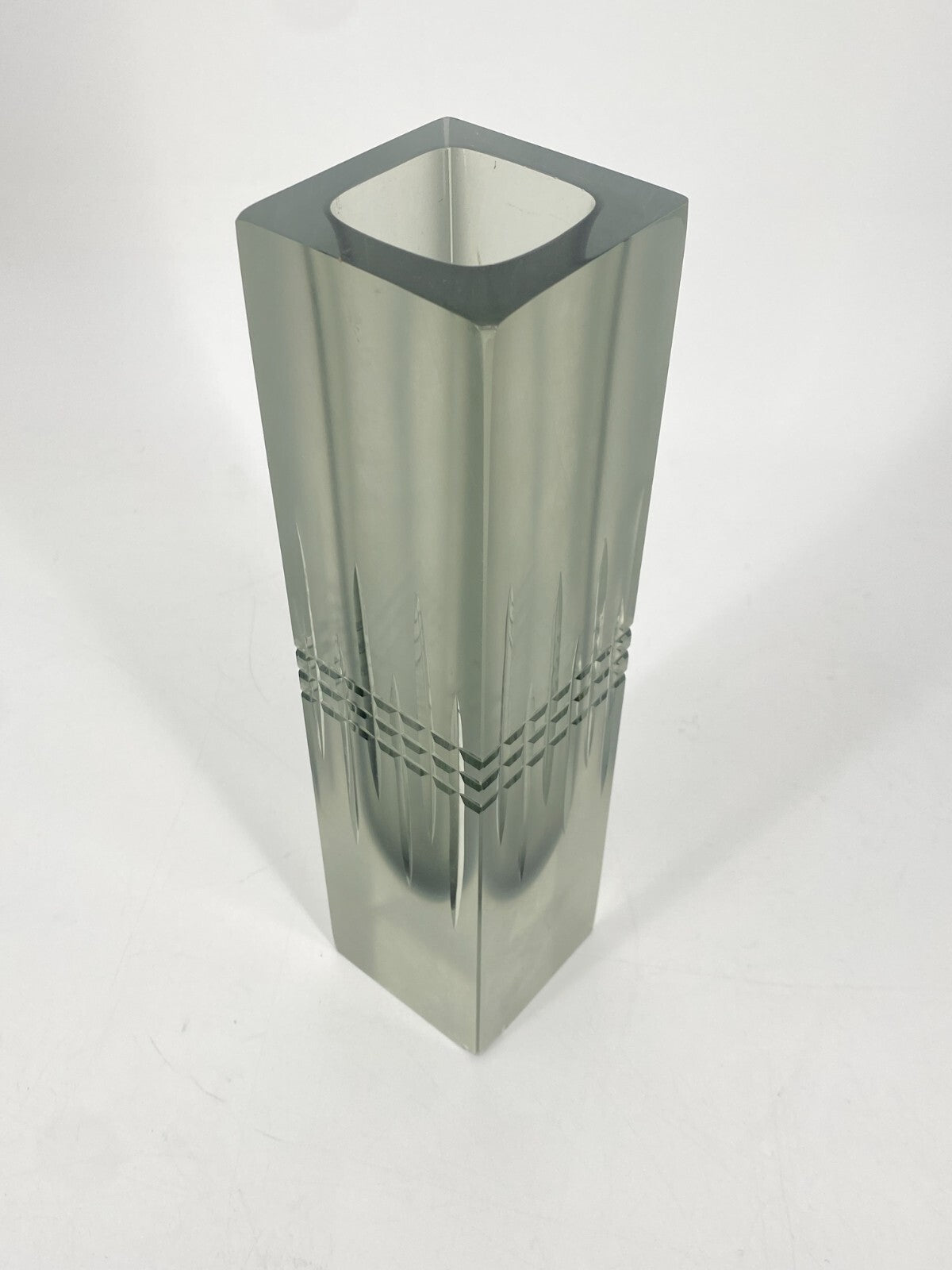 * GLAS VASE BLOCKVASE GRAU TRANSPARENT SATINIERT ÜBERFANGGLAS VINTAGE