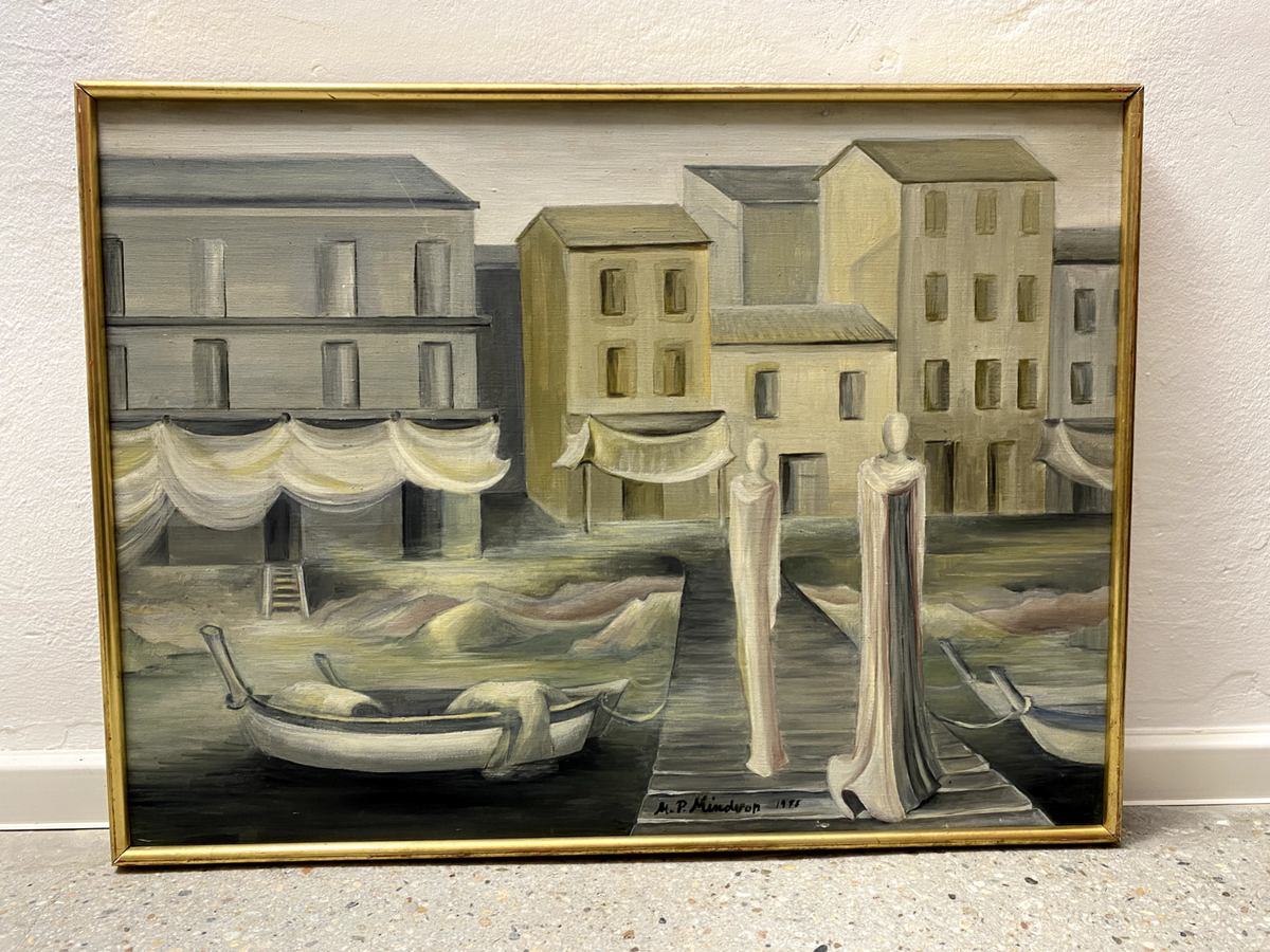 * GEMÄLDE ACRYLGEMÄLDE M.P. MINDVON / MIDNERON 1971 PASTELL HAFEN STEG