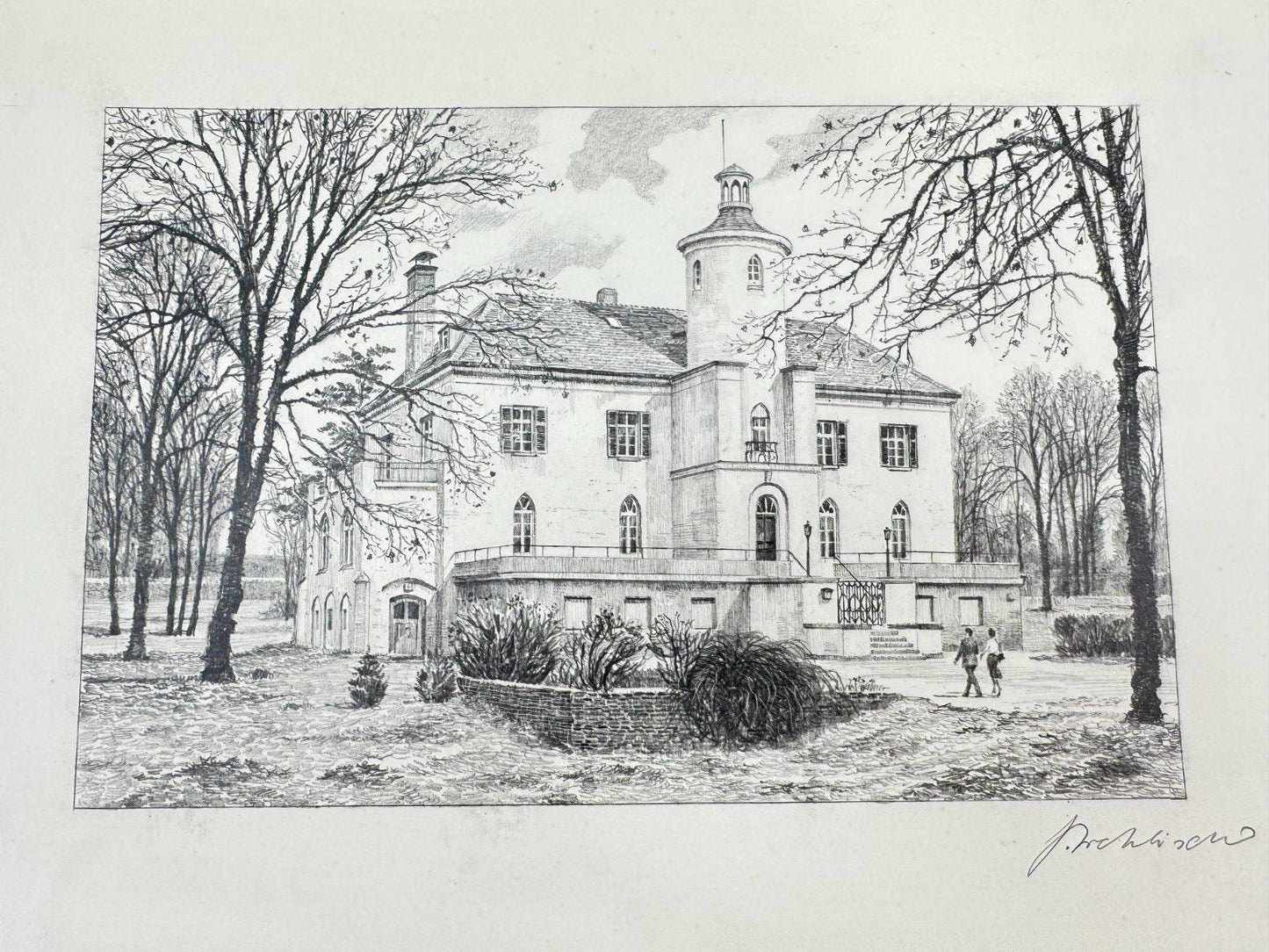 * HEINZ WEHLISCH ZEICHNUNG SCHLOß NEUENHOFEN KREFELD ANSICHT SIGN