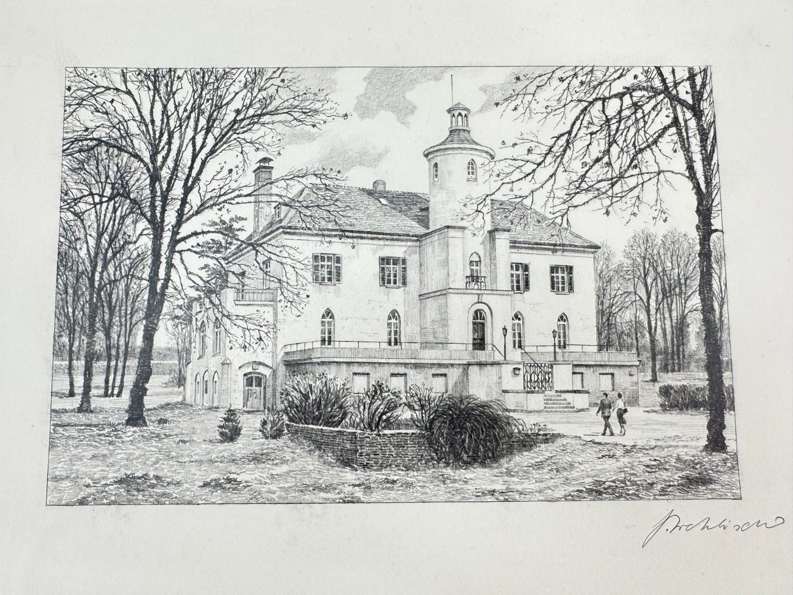 * HEINZ WEHLISCH ZEICHNUNG SCHLOß NEUENHOFEN KREFELD ANSICHT SIGN