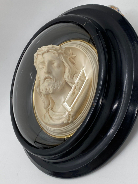 * RAGONEAU 1846 JESUS DORNENKRONE RELIEF MEERSCHAUM RUND GLAS ALT ANTIK