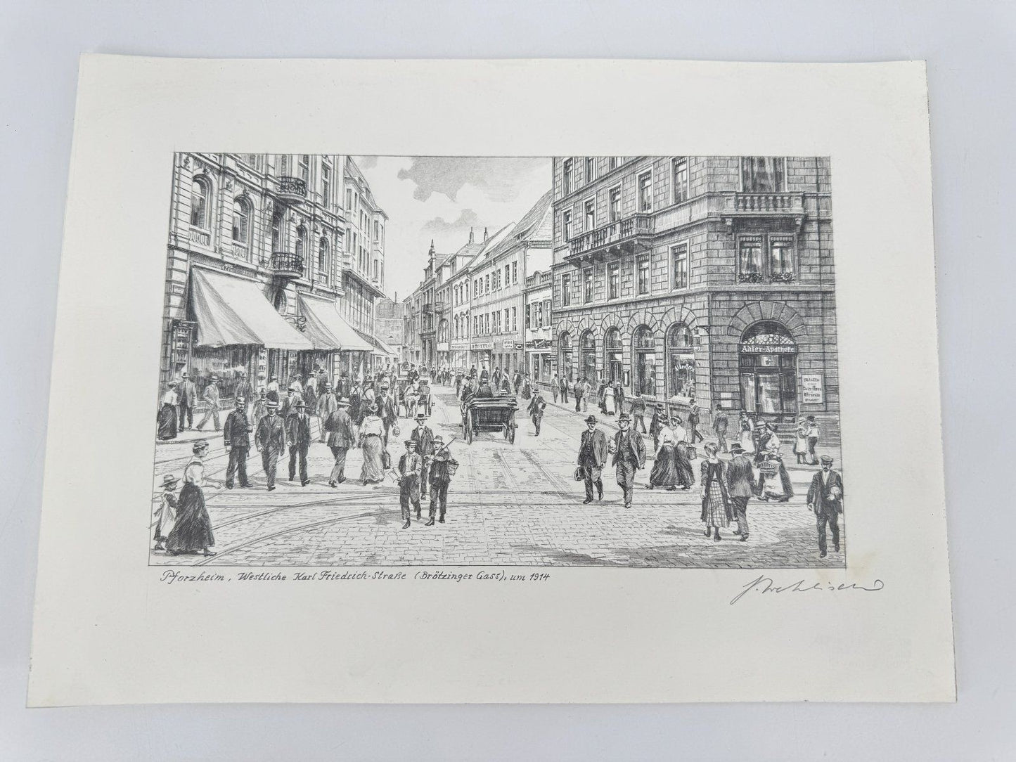 * HEINZ WEHLISCH ZEICHNUNG PFORZHEIM BRÖTZINGER GASS UM 1914 ANSICHT