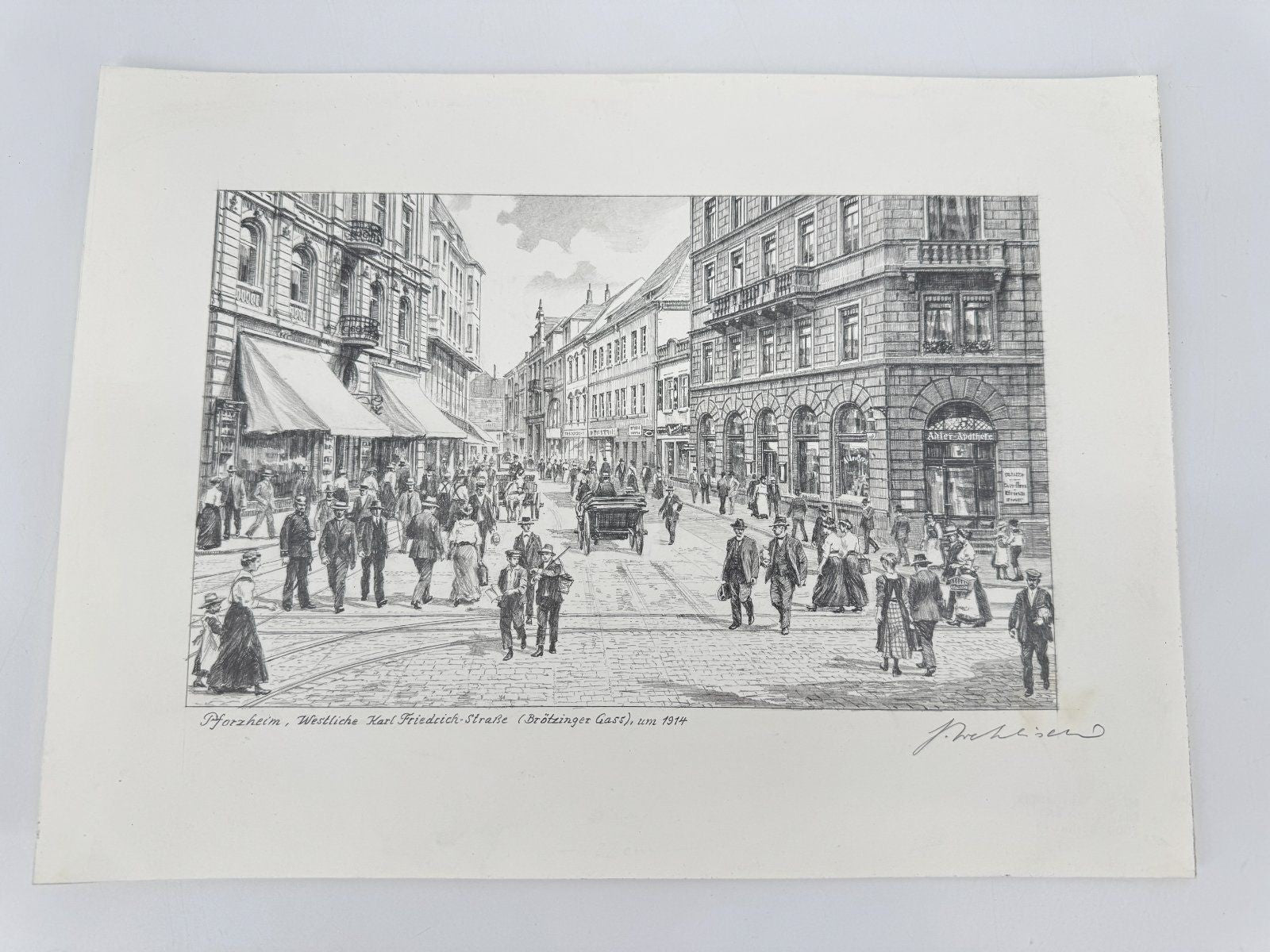 * HEINZ WEHLISCH ZEICHNUNG PFORZHEIM BRÖTZINGER GASS UM 1914 ANSICHT