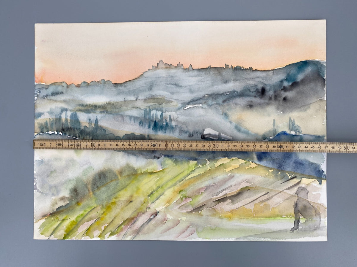 *AQUARELLGEMÄLDE ITALIEN LANDSCHAFT MEDITERRAN SONNENAUFGANG HUND SIGRID HANNSE