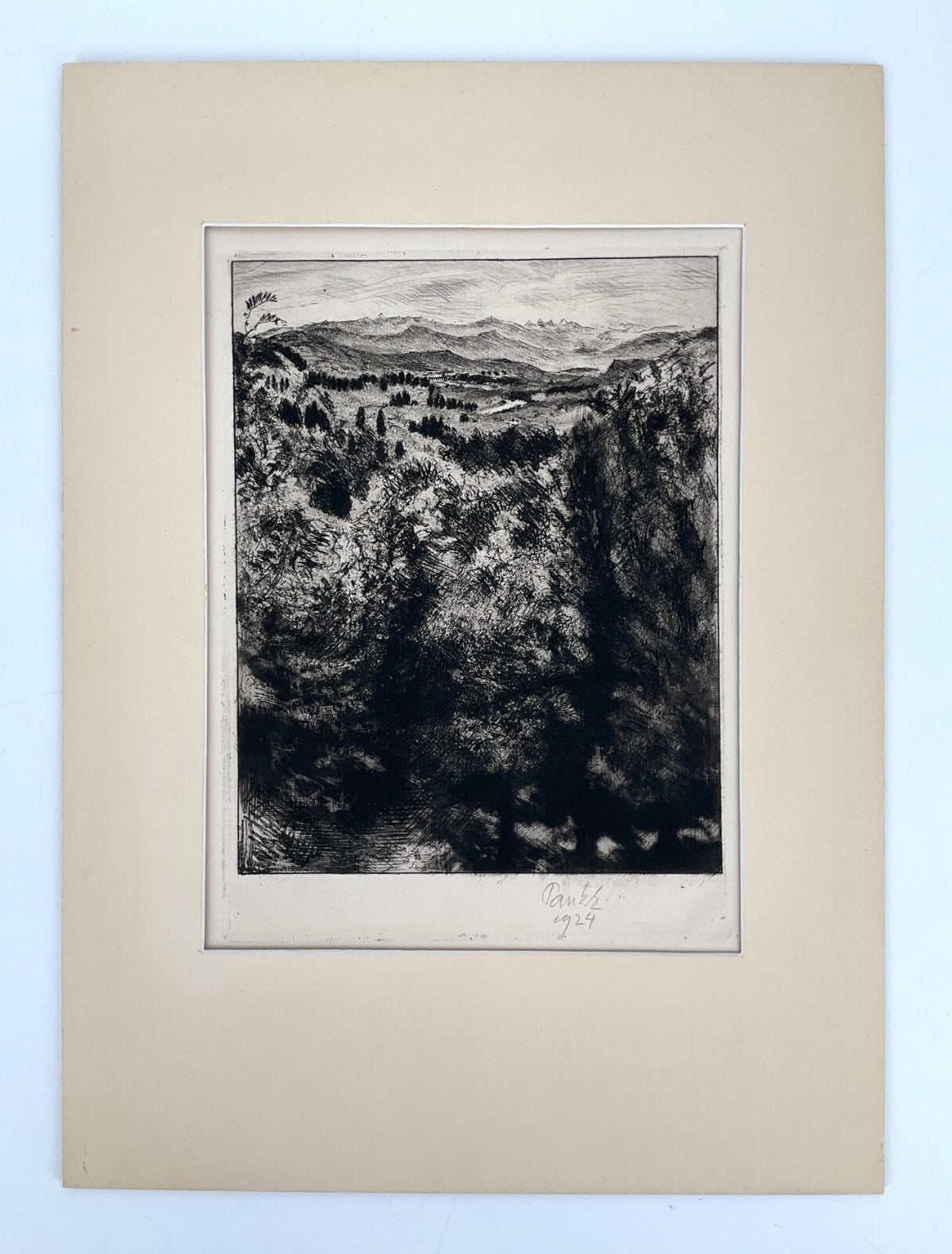 *RADIERUNG BERNHARD PANKOK HÜGELIGE LANDSCHAFT BLICK AUF BAIERBRUNN 1924 SIGNIER