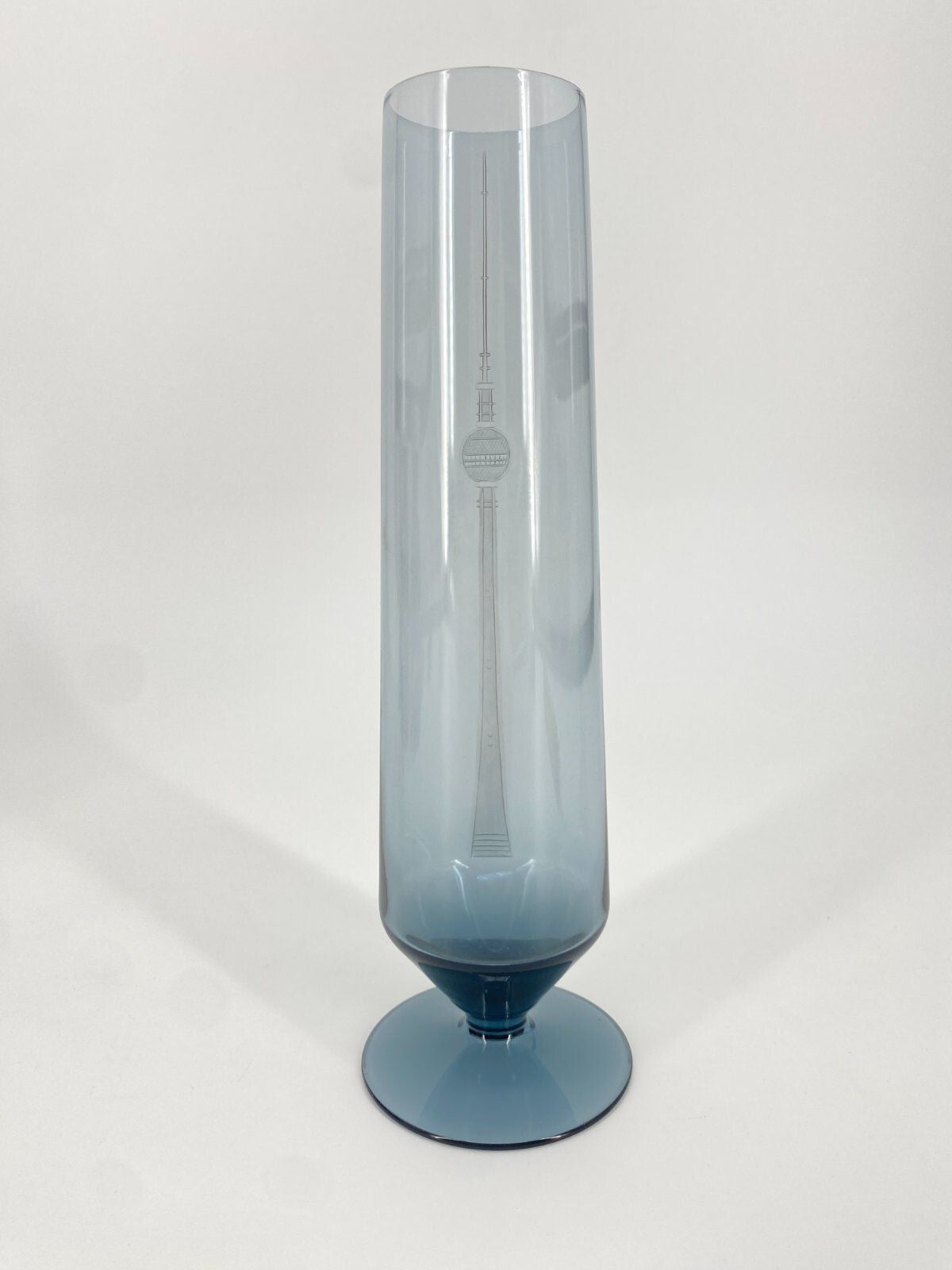 * VASE GLAS FERNSEHTURM BERLIN 1970ER BLAU RAUCH GLAS VINTAGE