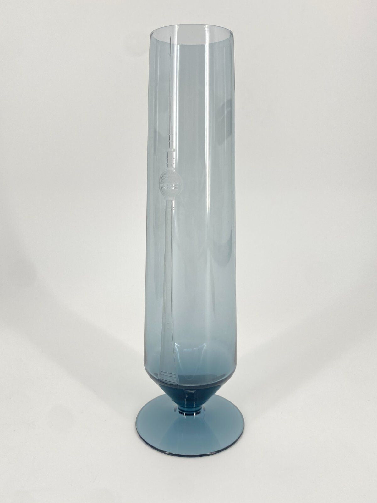 * VASE GLAS FERNSEHTURM BERLIN 1970ER BLAU RAUCH GLAS VINTAGE