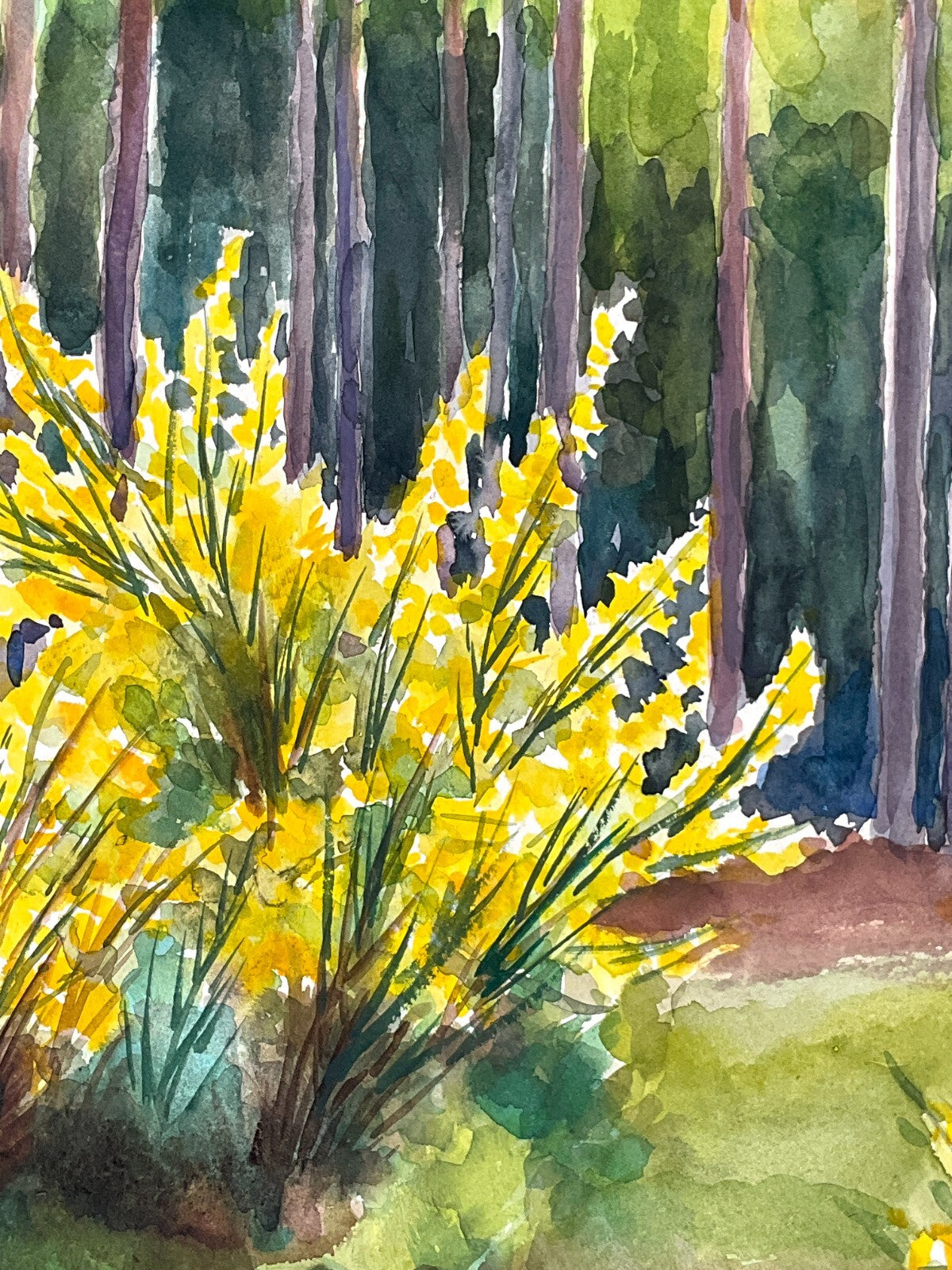 *GEMÄLDE WALD MIT GOLDGLÖCKCHEN AQUARELL SIGNIERT FRÜHLING GELB GRÜN UNIKAT