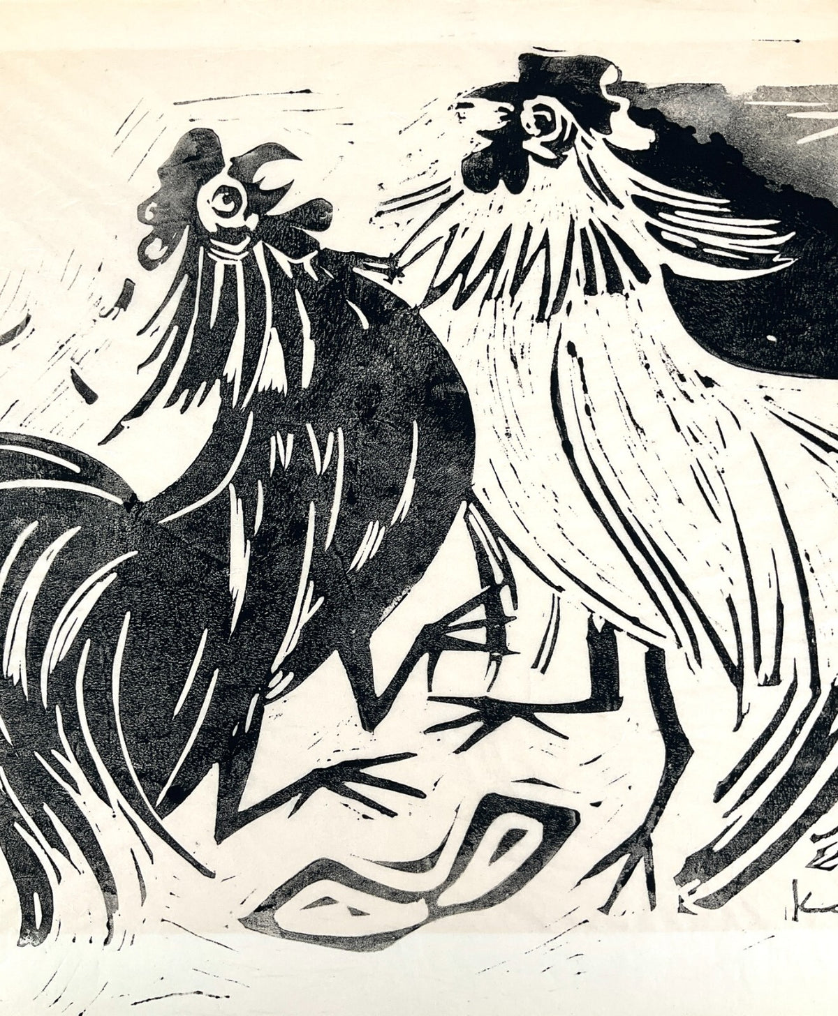 *LINOLSCHNITT WALTER KALOT KÄMPFENDE HÄHNE 1956 ORIGINAL EXPRESSIONISMUS TIERE