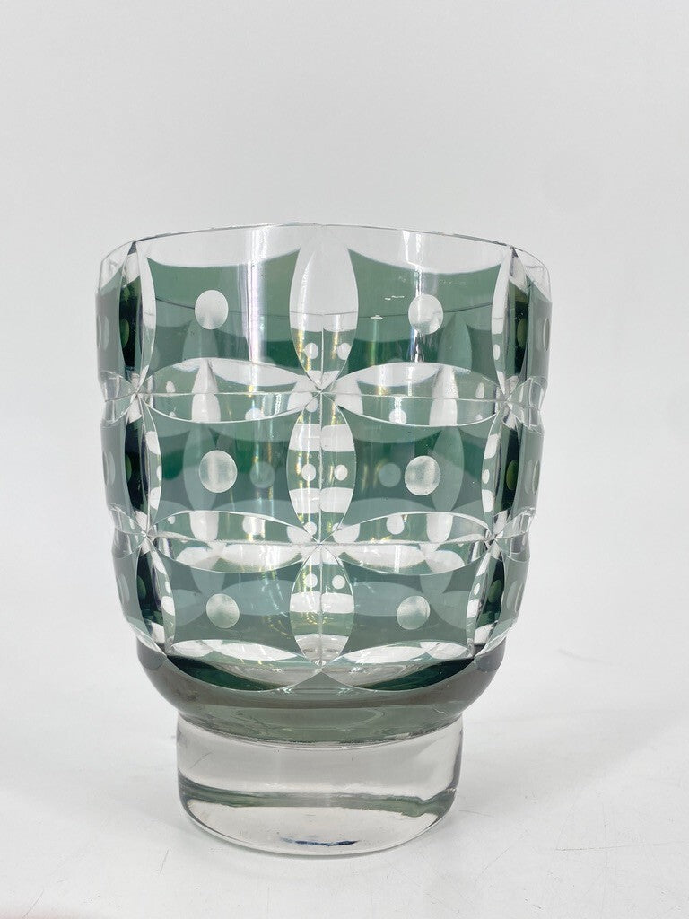 * VASE BÖHMISCHES GLAS ART DECO TOPF TÜRKIS BLAU GRÜN GESCHLIFFEN PUNKTE