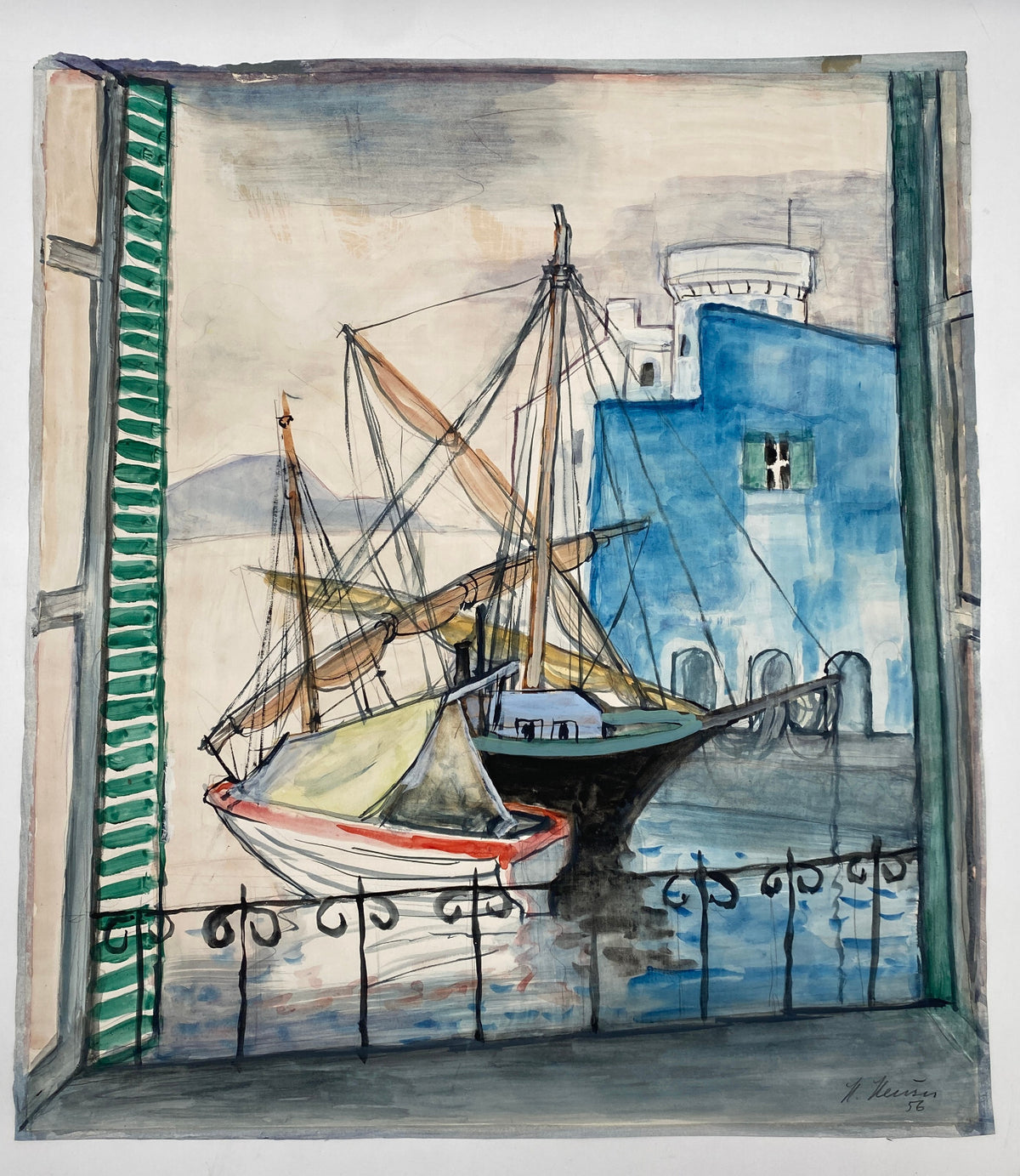 *GOUACHE AQUARELL HEINRICH HEUSER 1887-1967 HAFENANSICHT BOOTE ITALIEN 1956