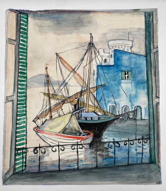 *GOUACHE AQUARELL HEINRICH HEUSER 1887-1967 HAFENANSICHT BOOTE ITALIEN 1956
