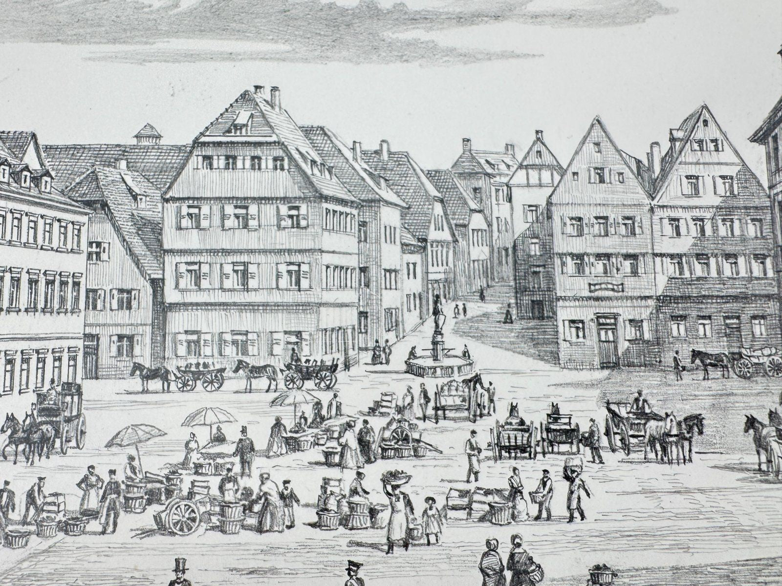 * HEINZ WEHLISCH ZEICHNUNG PFORZHEIM MARKTPLATZ 1850 ANSICHT SIGNIERT