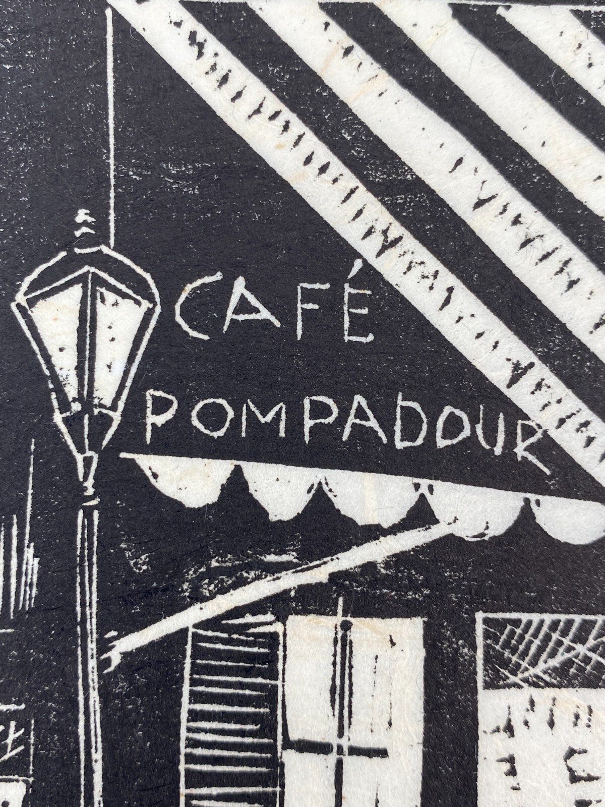 * CAFE POMPADOUR LINOLSCHNITT BILD GRAFIK ALEXA ARNDT GEWIDMET ANETTE