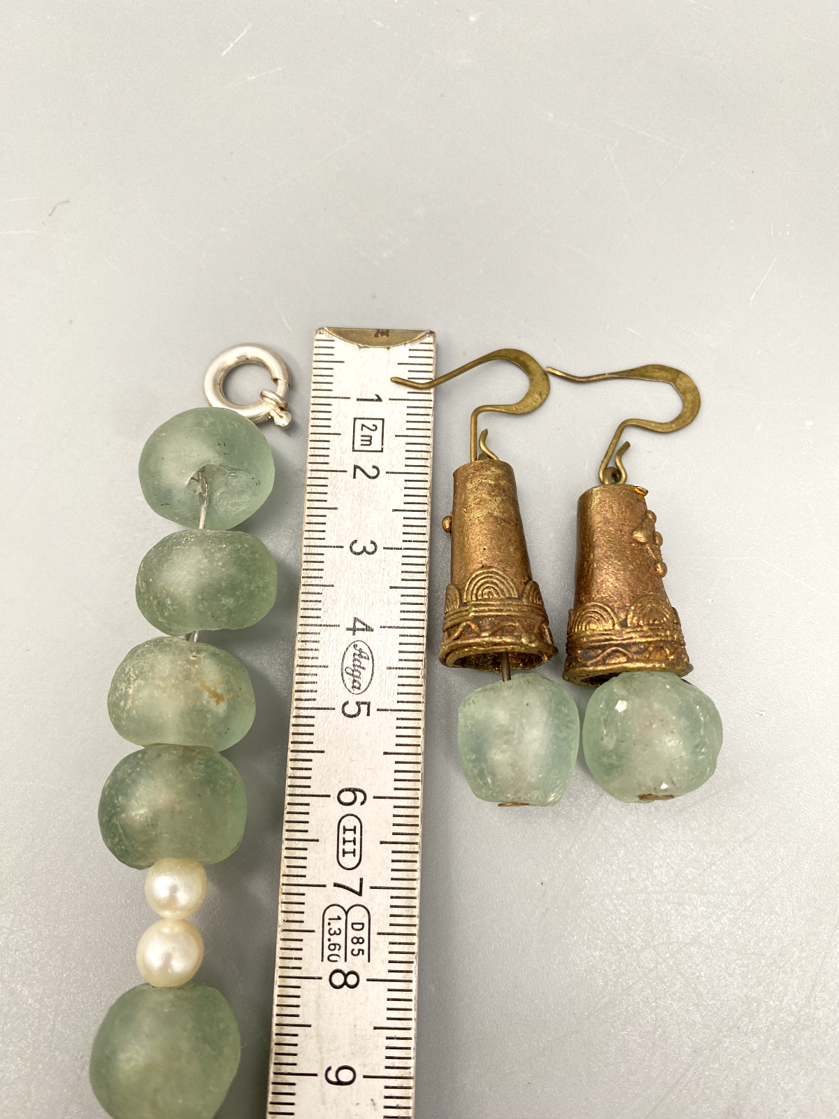 SET COLLIER OHRRINGE OHRHÄNGER GLAS PERLEN GRÜN VINTAGE ETHNO