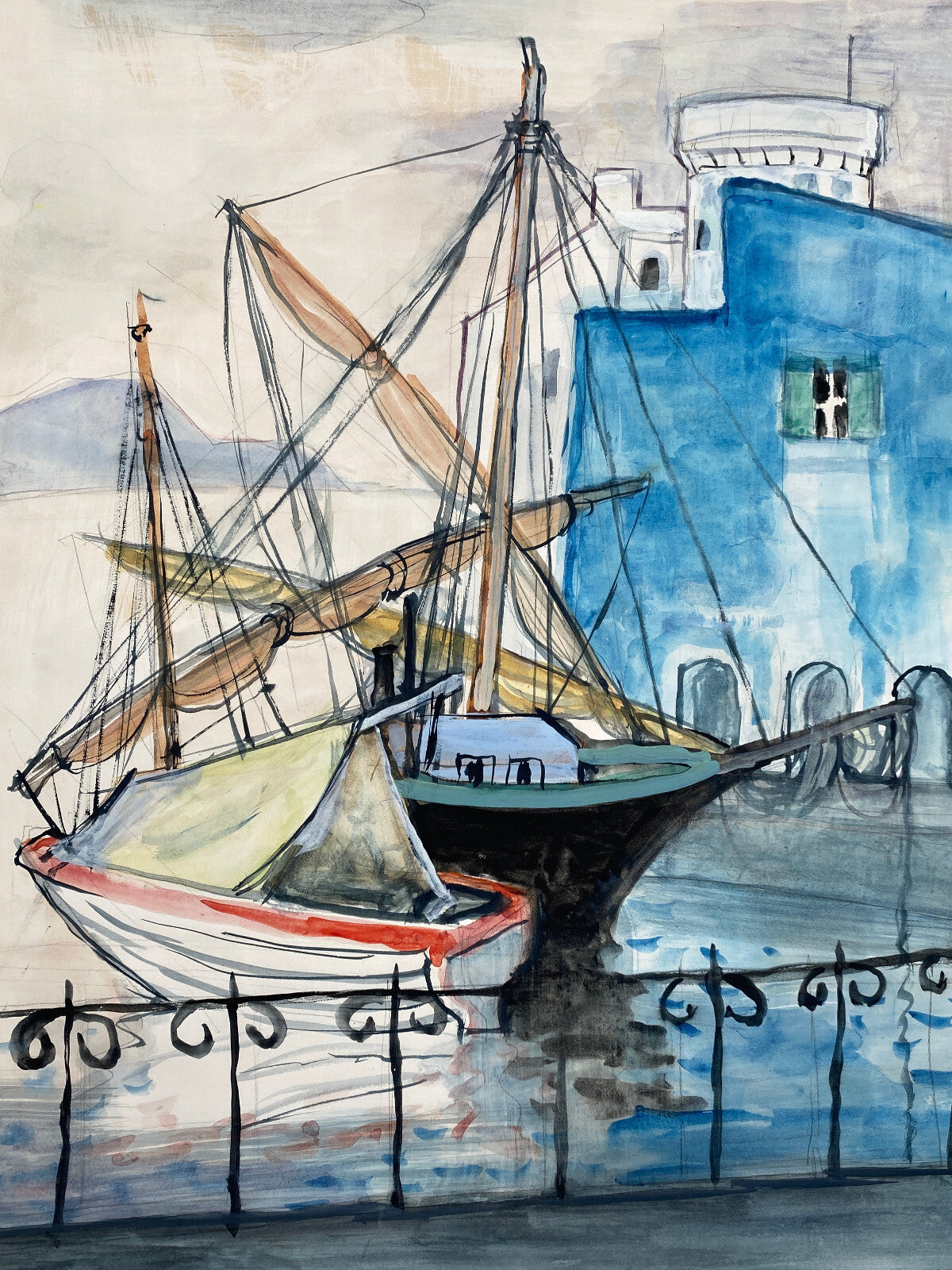 *GOUACHE AQUARELL HEINRICH HEUSER 1887-1967 HAFENANSICHT BOOTE ITALIEN 1956