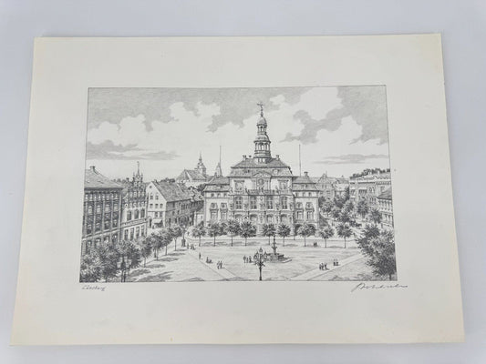 * HEINZ WEHLISCH ZEICHNUNG RATHAUS LÜNEBURG UM 1900 ANSICHT SIGNIERT