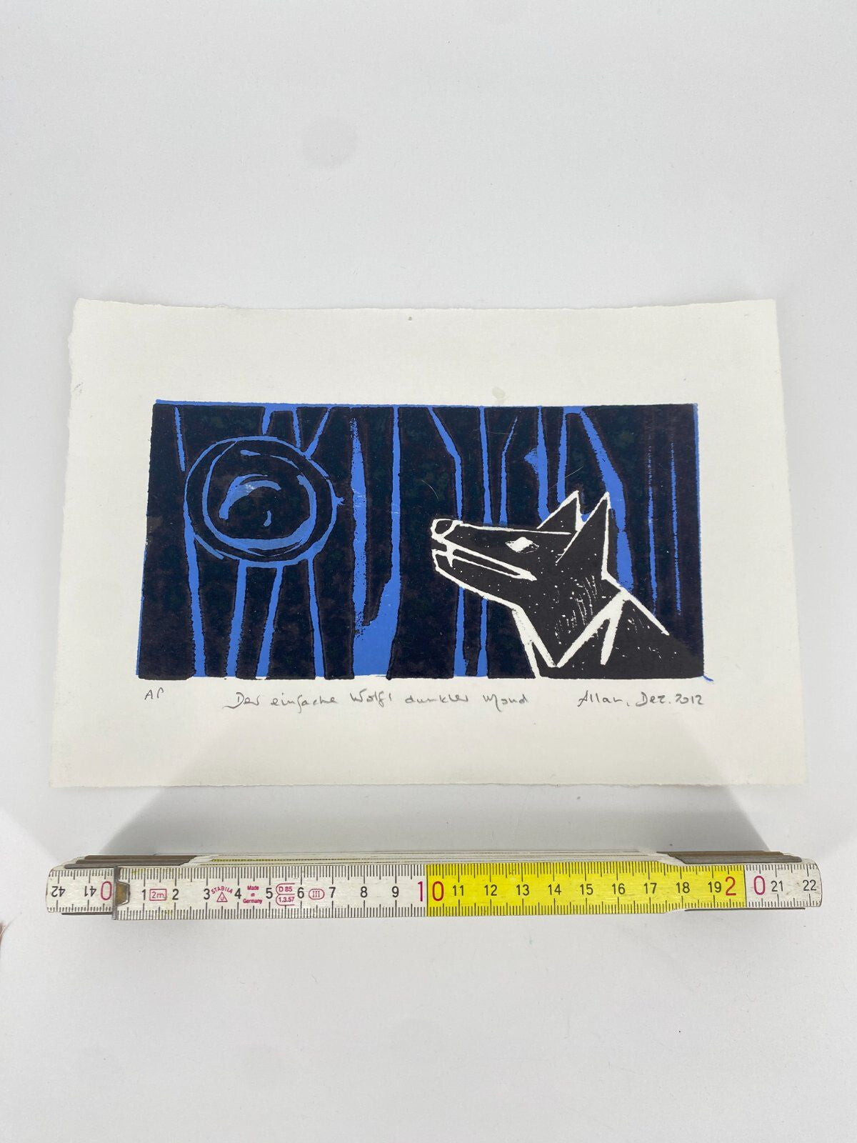 * HOLZSCHNITT FARBIG WOLF MOND BLAU WEIß ALLAN TUSCHE TINTE