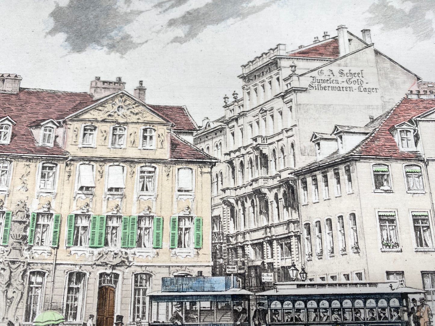 HEINZ WEHLISCH DER KÖNIGSPLATZ IN KASSEL UM 1877 ORIGINAL RADIERUNG KOLORIERT