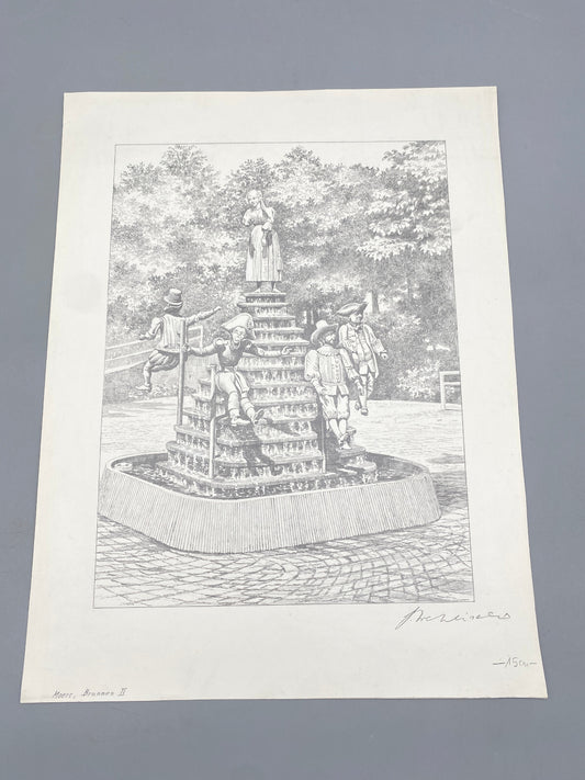 HEINZ WEHLISCH DEUTSCHER KÜNSTLER ZEICHNUNG MOERS BRUNNEN 2 HANDSIGNIERT
