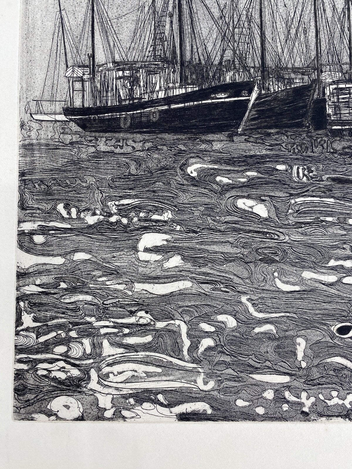 * HERBERT GRUNWALDT 1965 RADIERUNG ORIGINAL FISCHERBOOTE HAFEN SIGNIERT