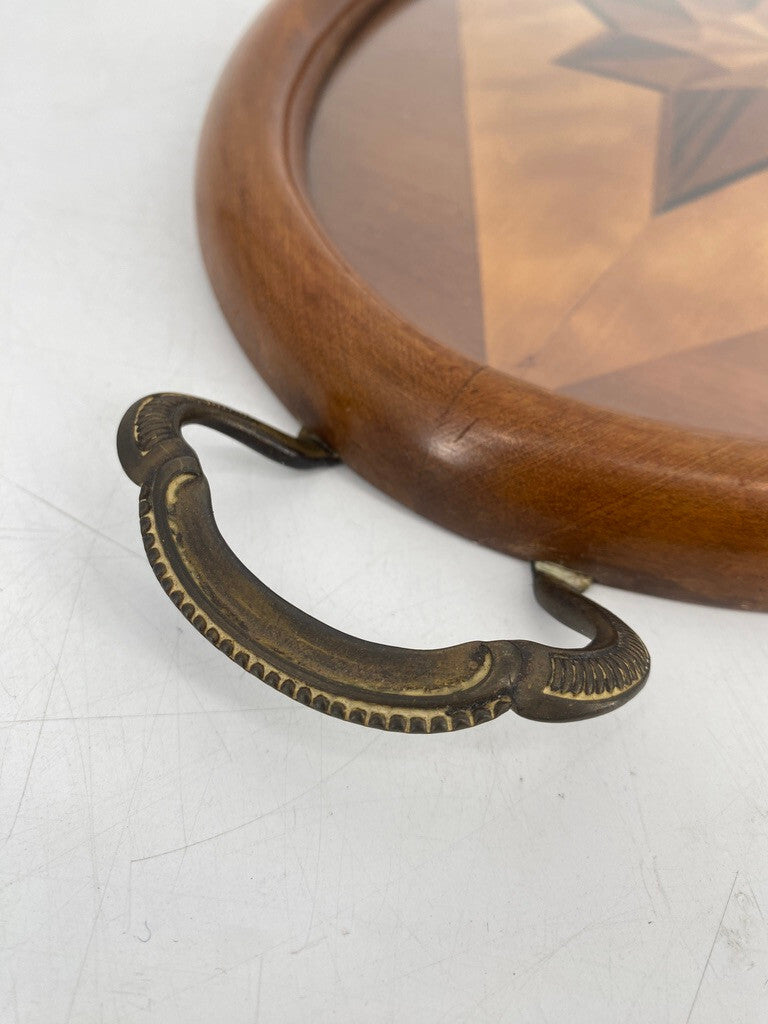 * TABLETT OVAL ANTIK 1900 HOLZ INTARSIEN STERN MESSING GLASPLATTE SERVIERTABLETT