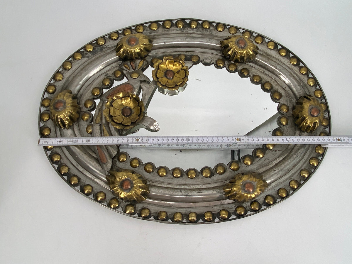 * OVALER WANDSPIEGEL METALLARBEIT VOGEL KUPFER MESSING HANDARBEIT