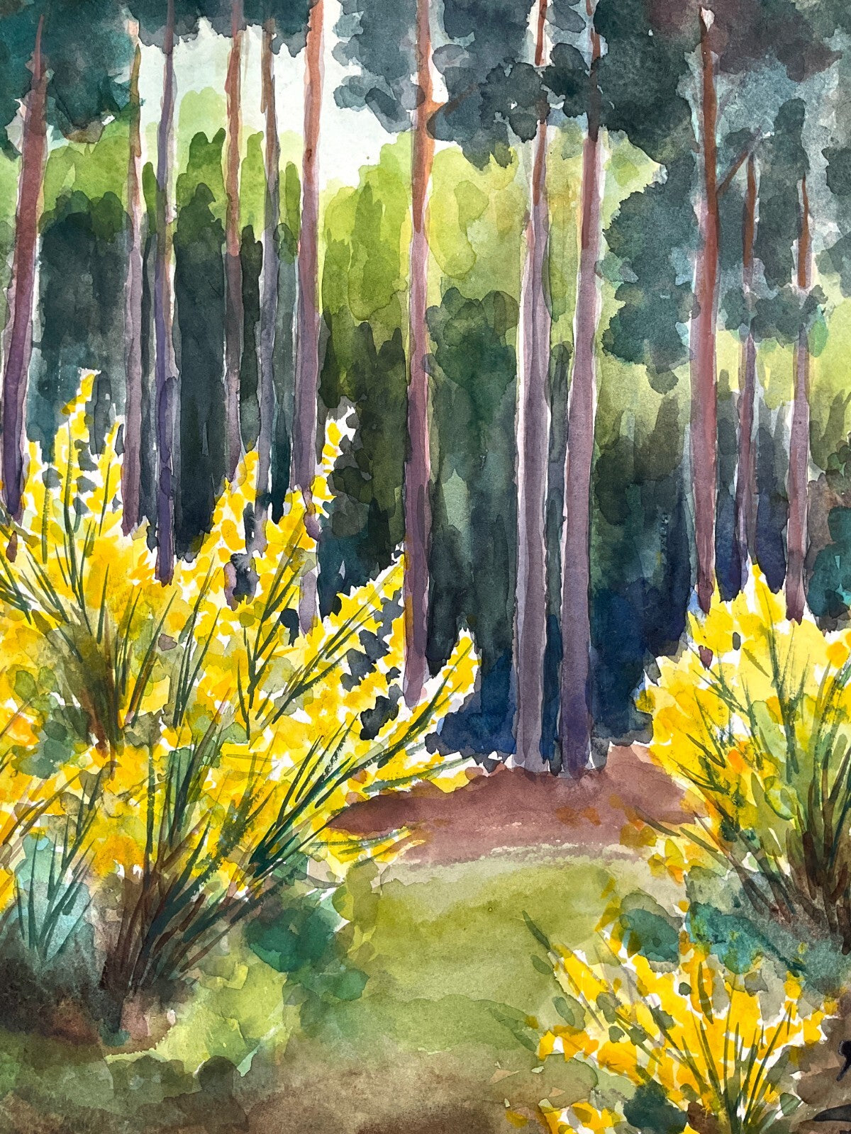 *GEMÄLDE WALD MIT GOLDGLÖCKCHEN AQUARELL SIGNIERT FRÜHLING GELB GRÜN UNIKAT