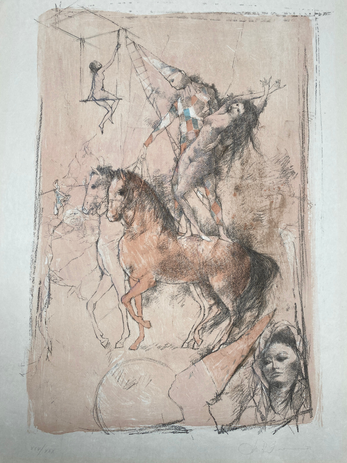 * DRUCKGRAFIK OTTO BACHMANN LITHOGRAPHIE ZIRKUS ARTISTEN SIGNIERT 1972