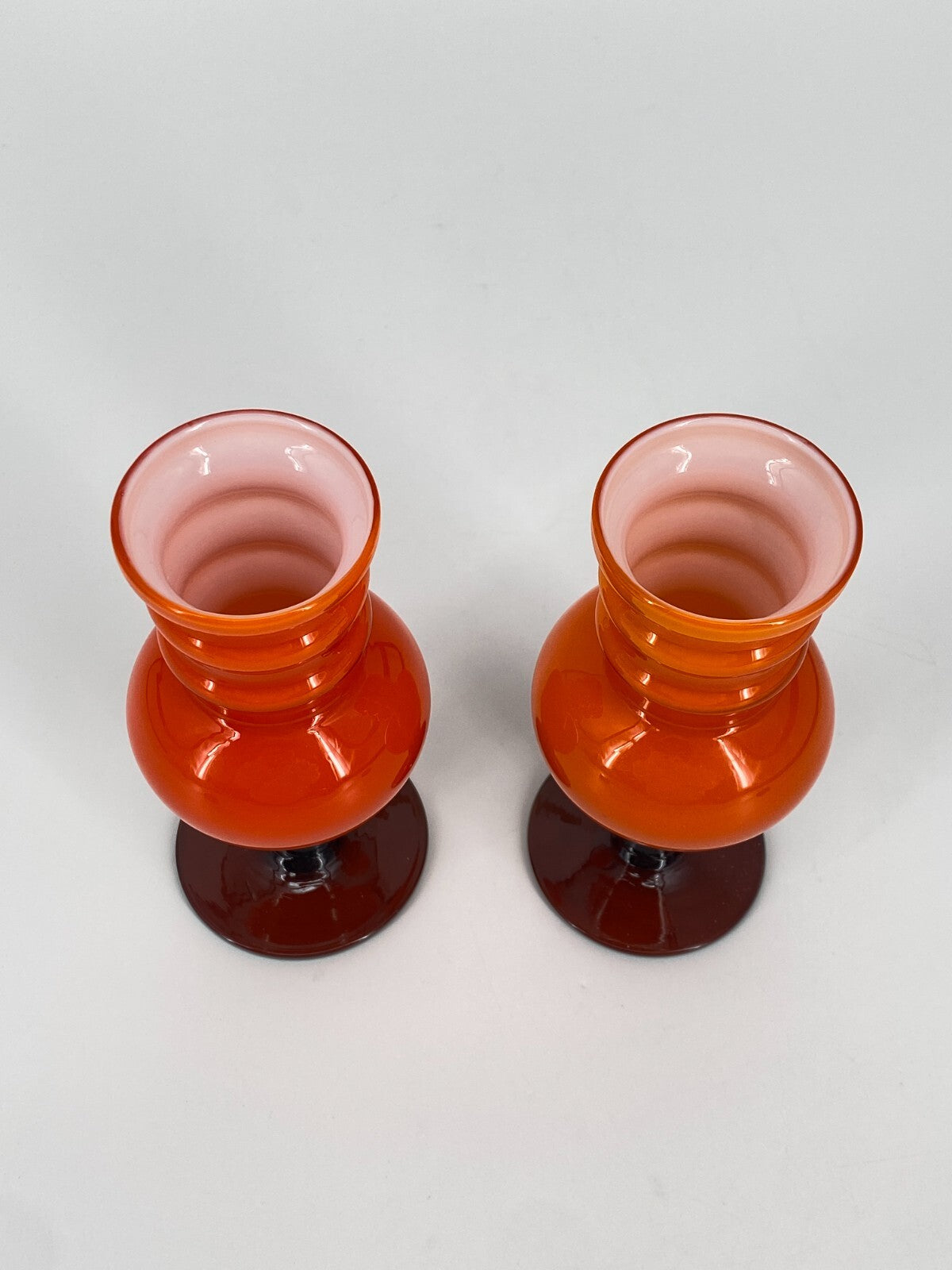* 2x GLAS VASEN 60ER 70ER HOOPED ORANGE BRAUN 15 CM MIDCENTURY DESIGN