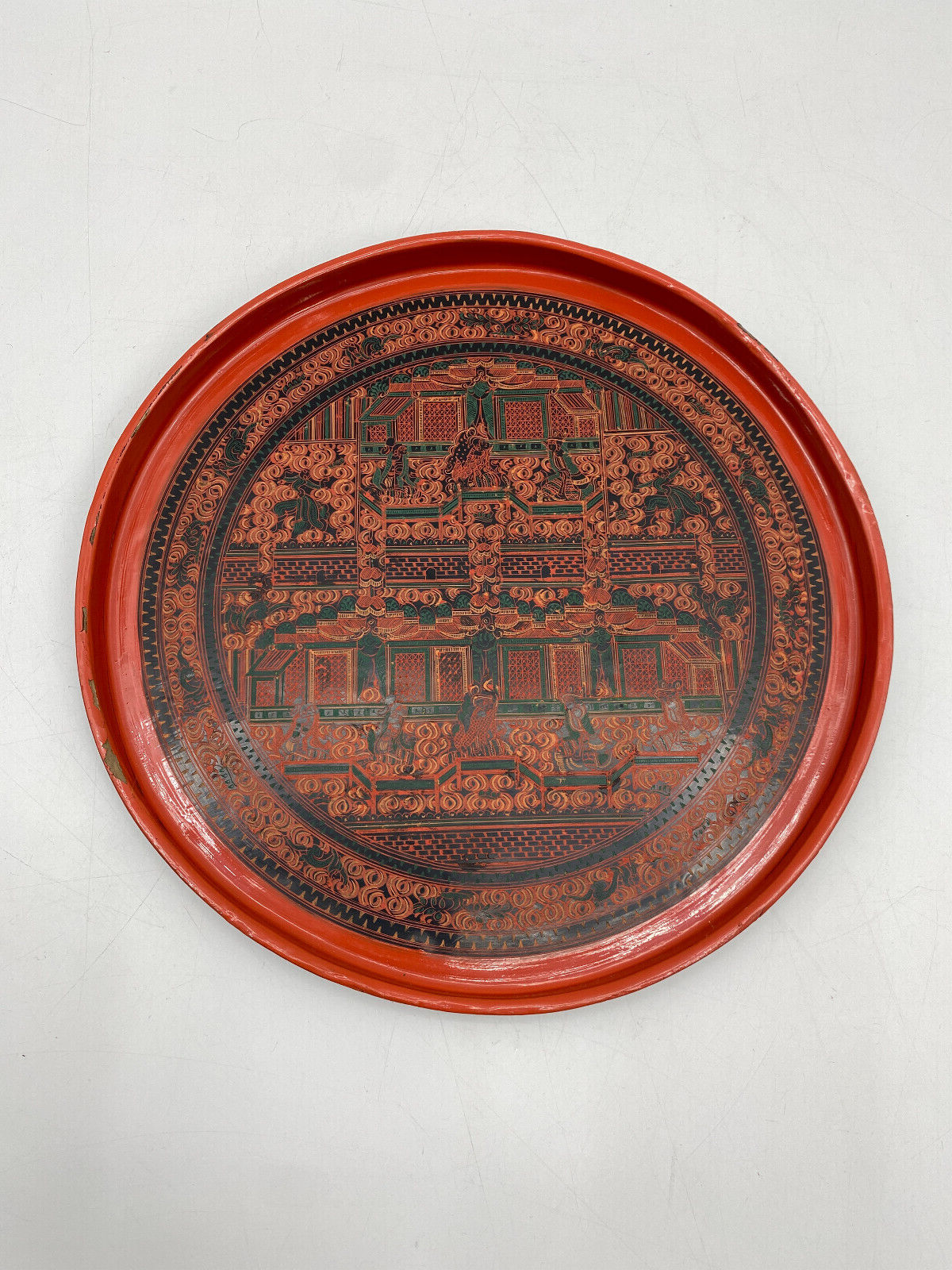 * TABLETT RUND BURMESISCH MYANMAR BAMBUS LACKARBEIT LAQUERWARE DEKOR ROT