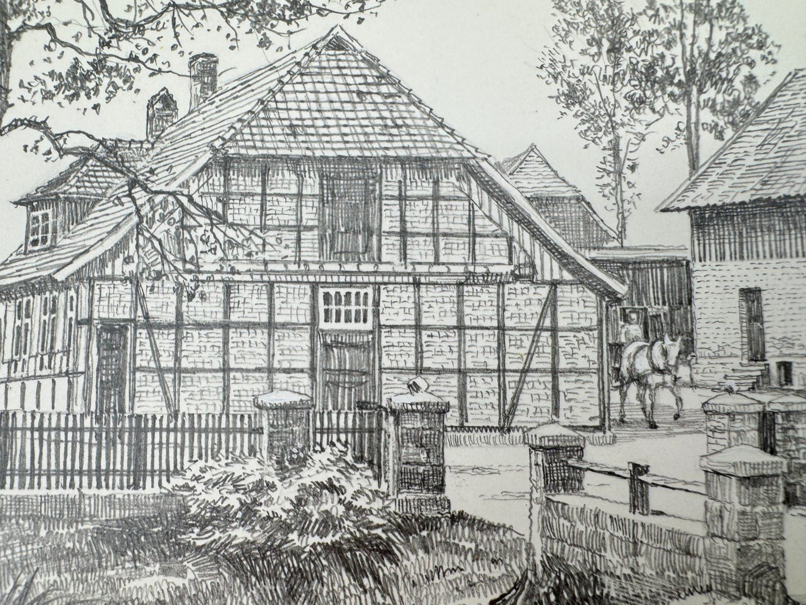 * HEINZ WEHLISCH ZEICHNUNG DORFMARK LÜNEBURGER HEIDE ANSICHT SIGNIERT