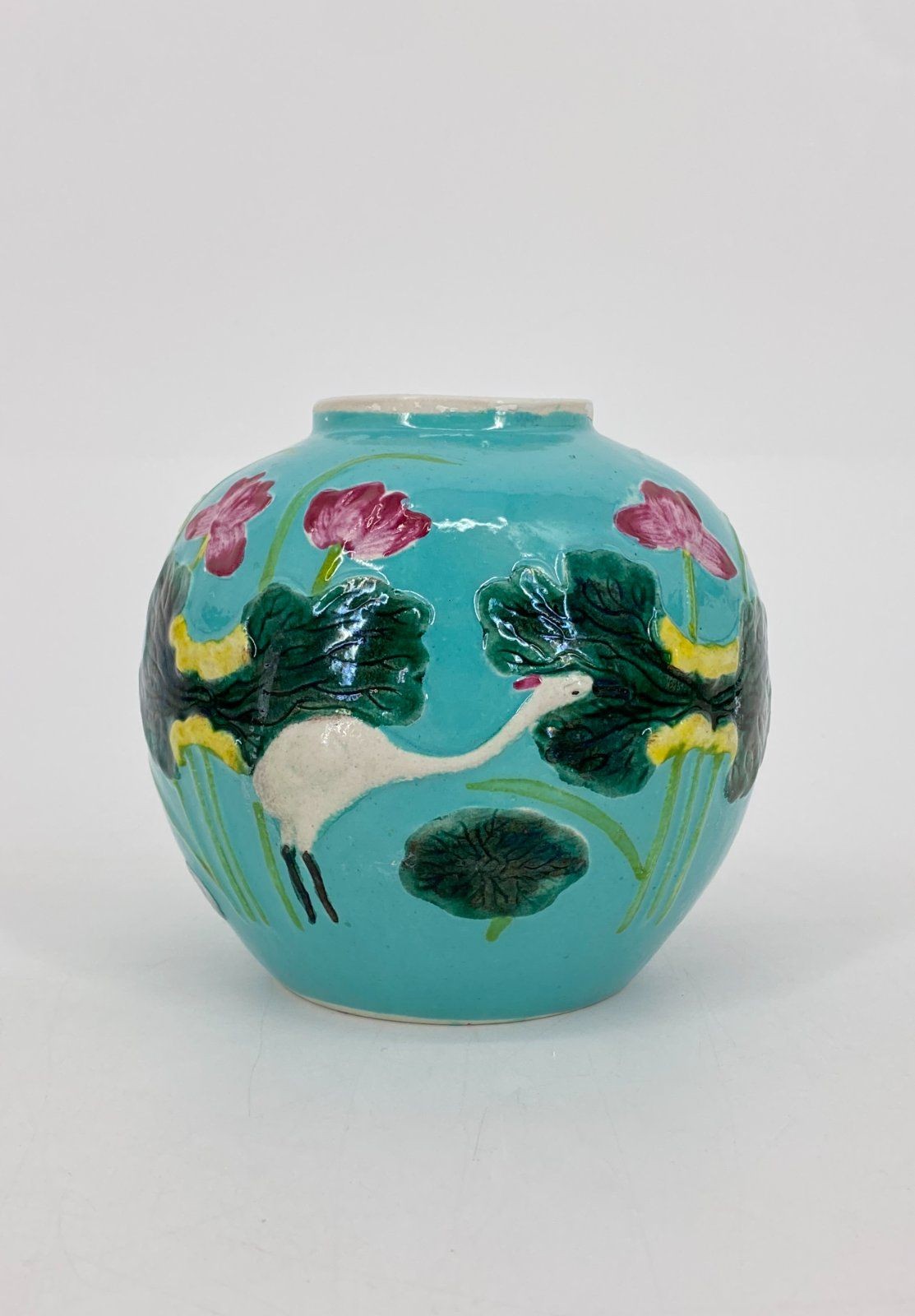 * CHINESISCHE KERAMIK VASE KRANICH SEEROSE RELIEF TÜRKIS VINTAGE