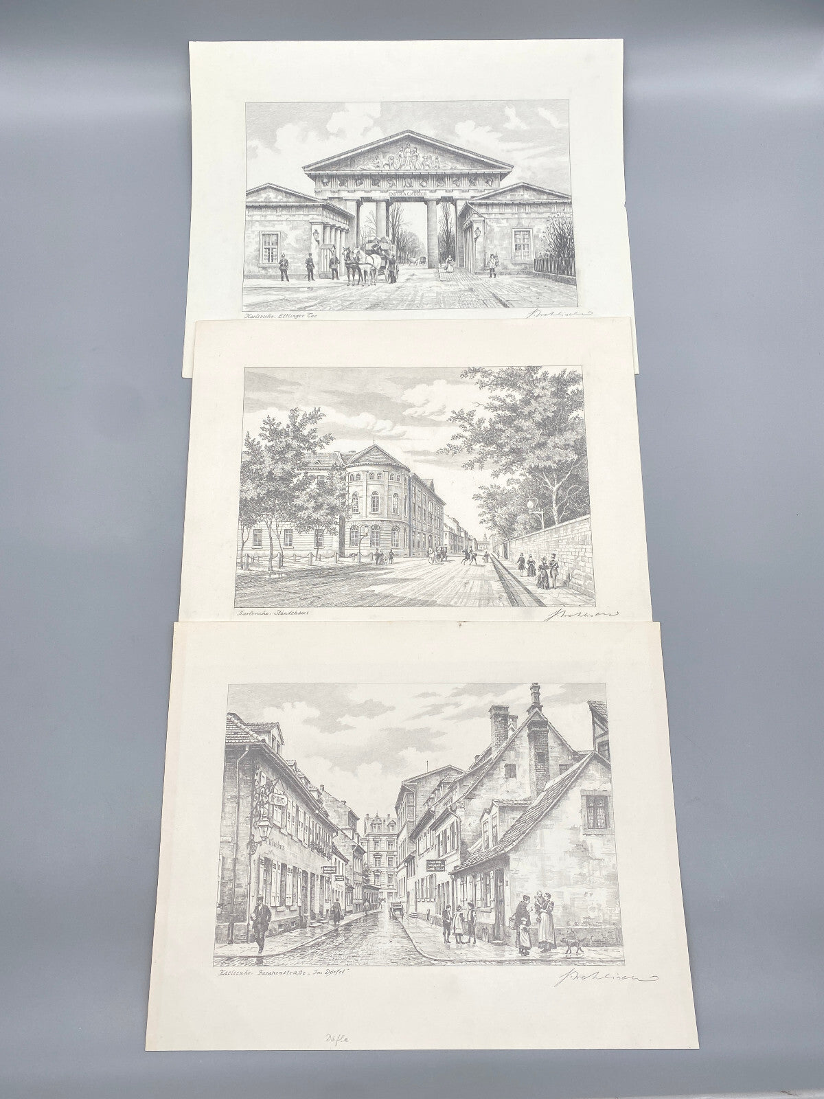 HEINZ WEHLISCH  3X ZEICHNUNGEN KARLSRUHE ETTLINGER TOR STÄNDEHAUS ORIGINAL