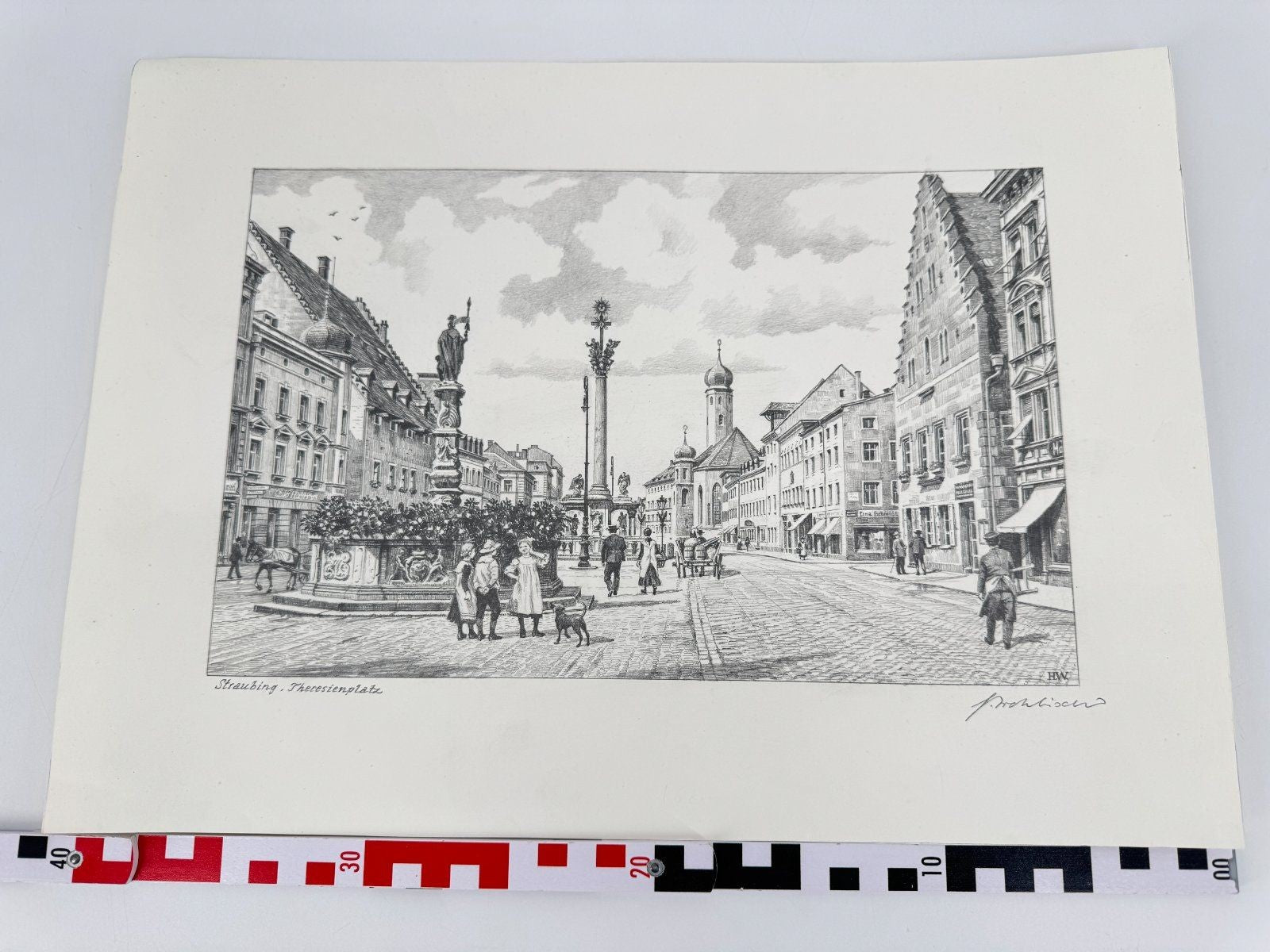 * HEINZ WEHLISCH ZEICHNUNG THERESIENPLATZ STRAUBING ANSICHT SIGNIERT