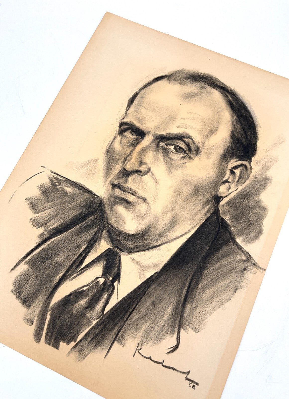 *KOHLENZEICHNUNG WALTER KALOT MÄNNERPORTÄT MANN GESICHT 1950 SIGNIERT UNIKAT