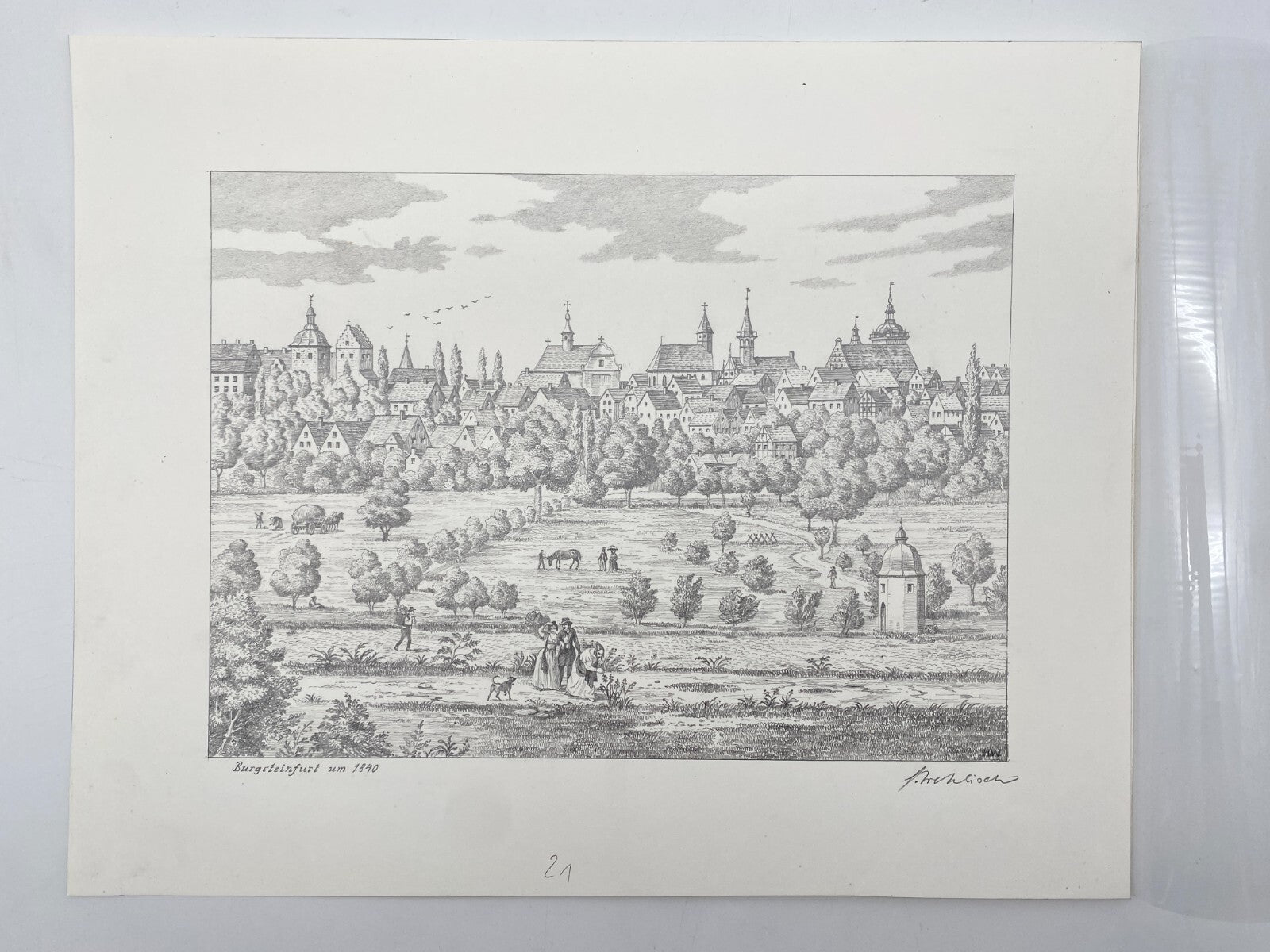 DEUTSCHER KÜNSTLER HEINZ WEHLISCH ZEICHNUNG BURGSTEINFURT UM 1840 HANDSIGNIERT