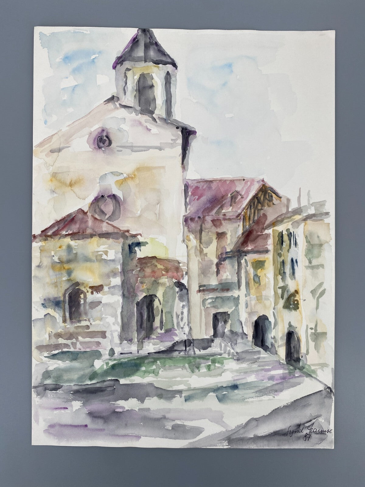 *AQUARELLGEMÄLDE STADTANSICHT ITALIEN HAUPTPLATZ KIRCHE SIGRID HANNSE 987 UNIKAT