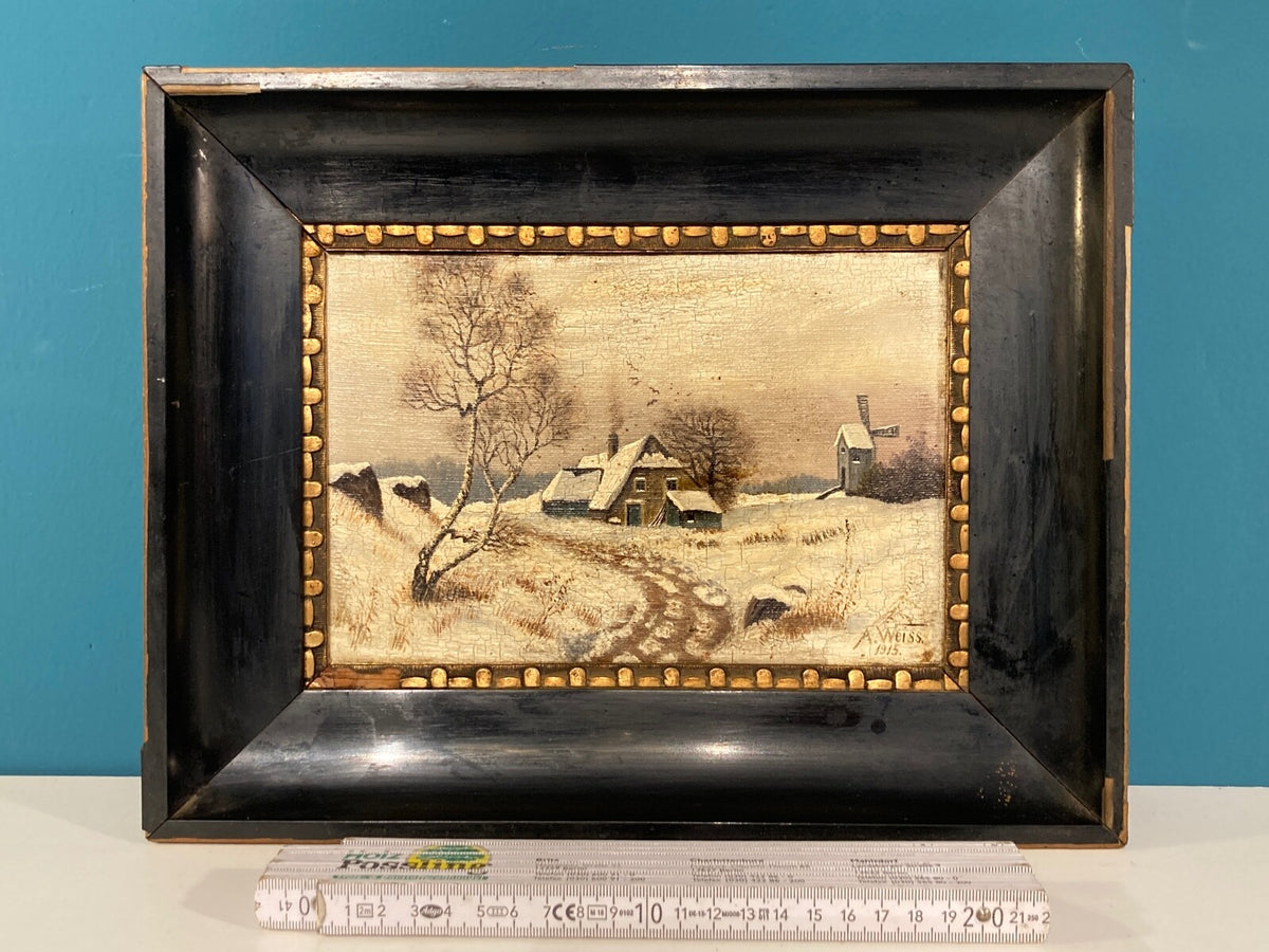 GEMÄLDE ÖL LEINWAND WINTERLANDSCHAFT A.WEISS 1915 MINIATUR MÜHLE